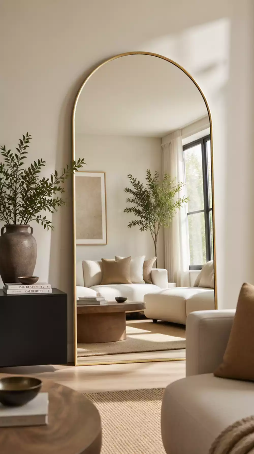 Large Arched Living Room Mirror in a Thin Brushed Gold Frame