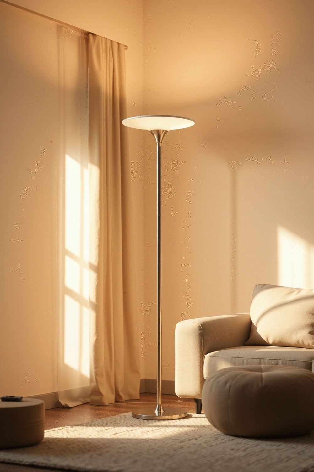 A stylish floor lamp with warm, diffused light illuminating a cozy corner of a living room, featuring a textured rug and soft cushions.