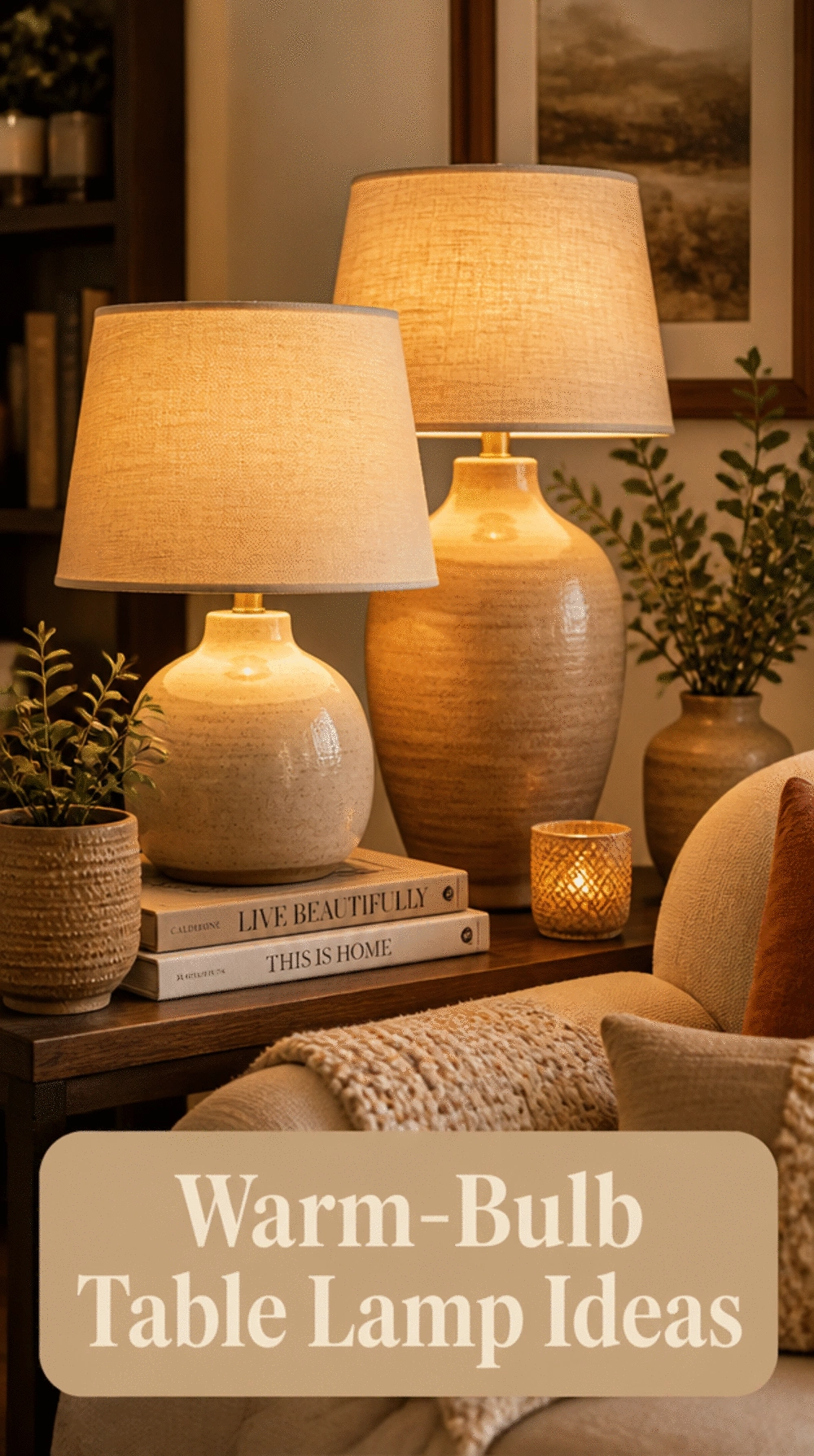 Living Room Warm-Bulb Table Lamp on a Side Table for Evening Ambience