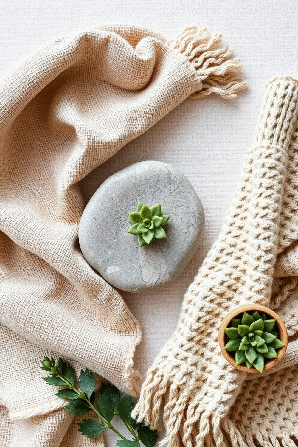A flat lay of various natural textures including a woven linen fabric, a knitted wool throw, a smooth river stone, and a small potted succulent, arranged aesthetically.