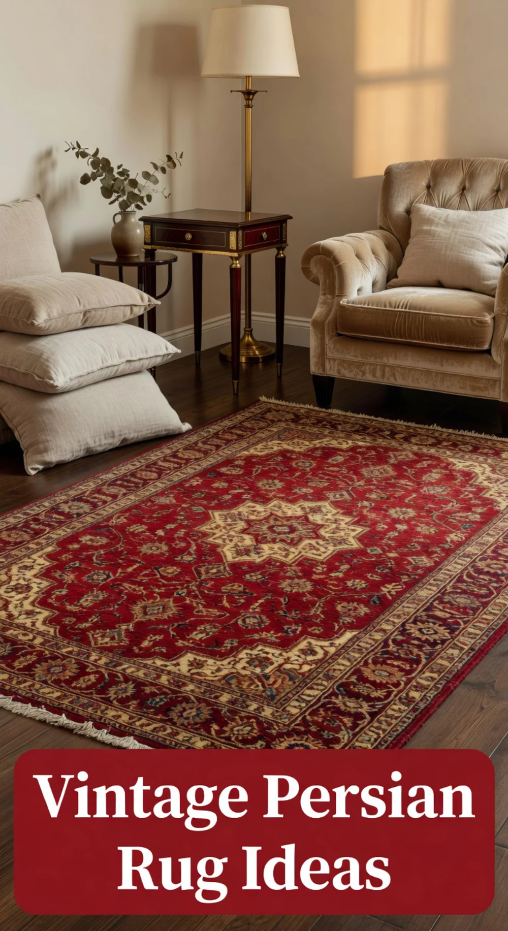 Living Room Vintage-Style Persian Rug in Warm Red and Gold Tones
