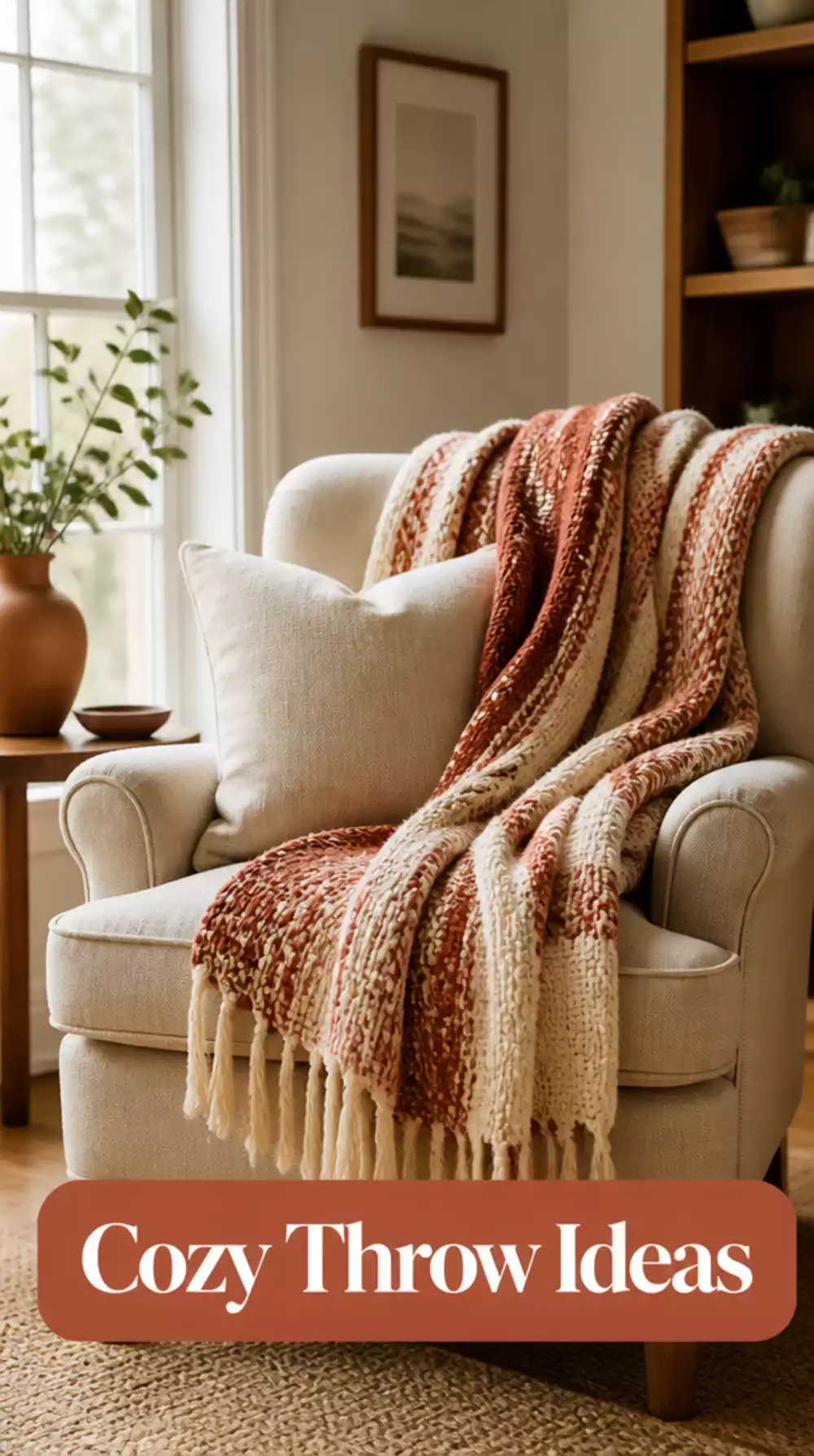 Living Room Handwoven Cotton Throw in Rust and Cream Over an Armchair