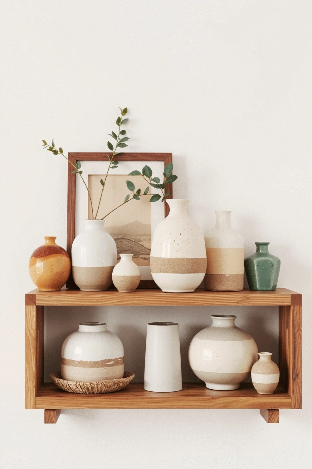 A collection of thoughtfully arranged decorative objects on a wooden shelf, including ceramic vases, framed art, and a small plant, showcasing personal style.