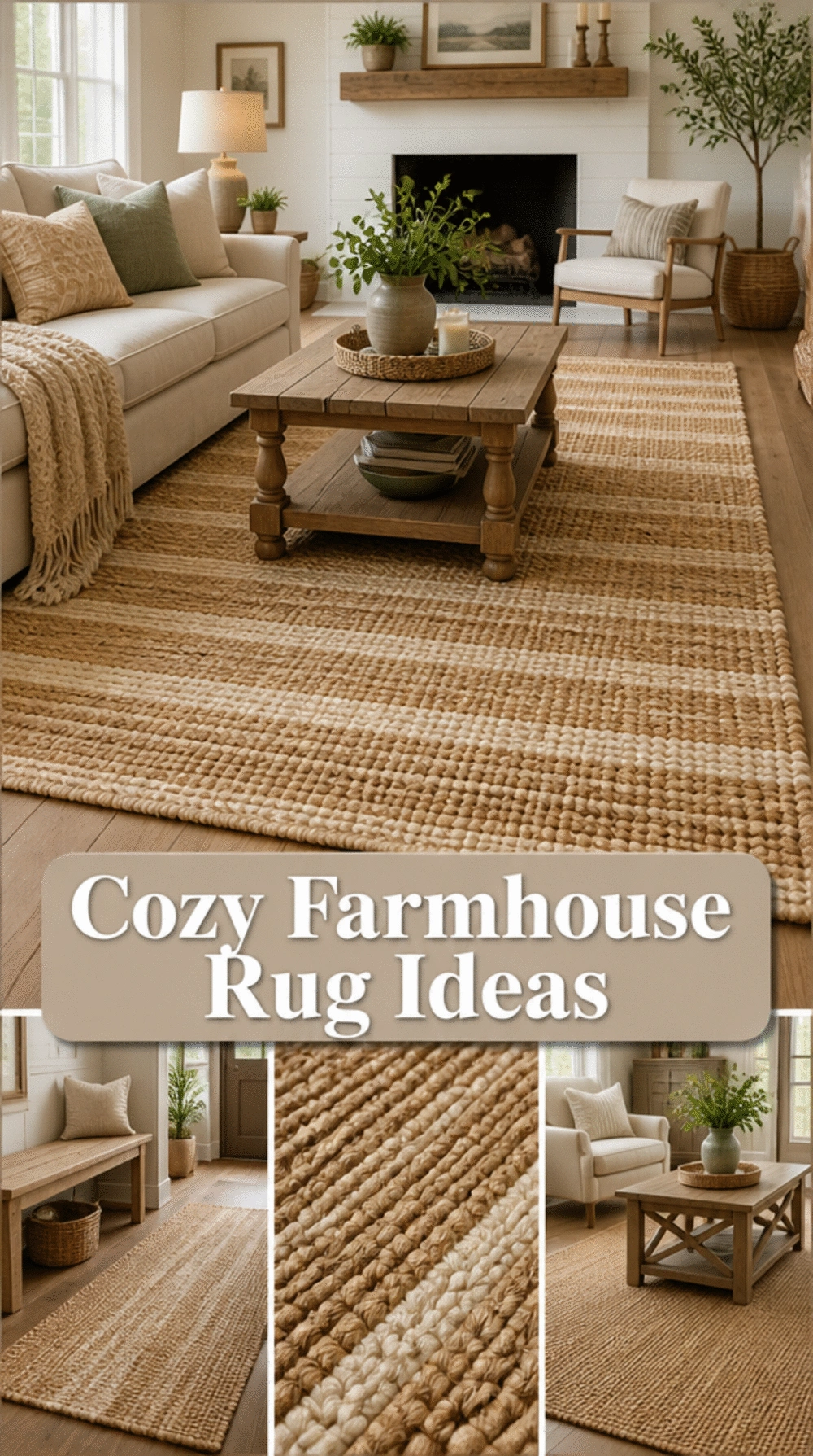 Farmhouse Living Room Woven Seagrass Area Rug in a Natural Stripe