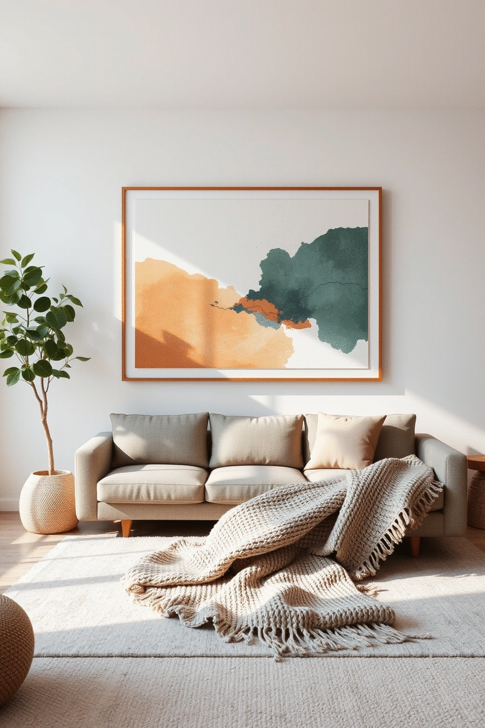 A minimalist living room with a large, framed abstract art piece on the wall, soft lighting, and cozy textures like a knitted throw blanket. The art uses a cohesive color palette that complements the room's decor.