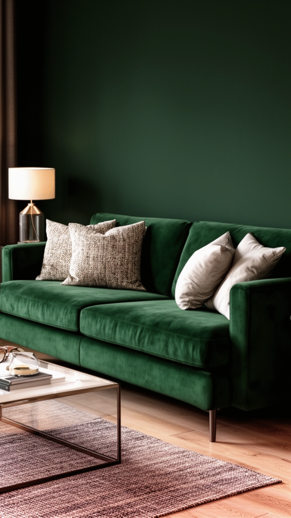 Living Room Forest Green Velvet Sofa Against a Dark Painted Wall