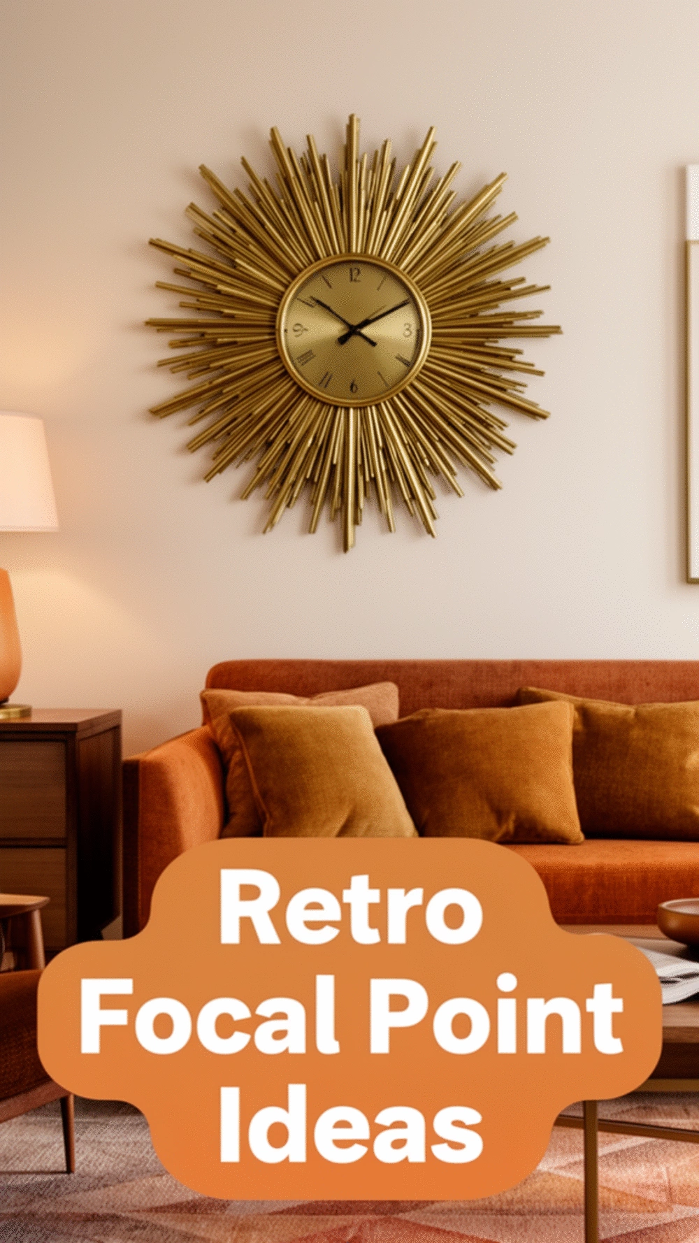 Living Room Brass Sunburst Wall Clock as a Retro Focal Point