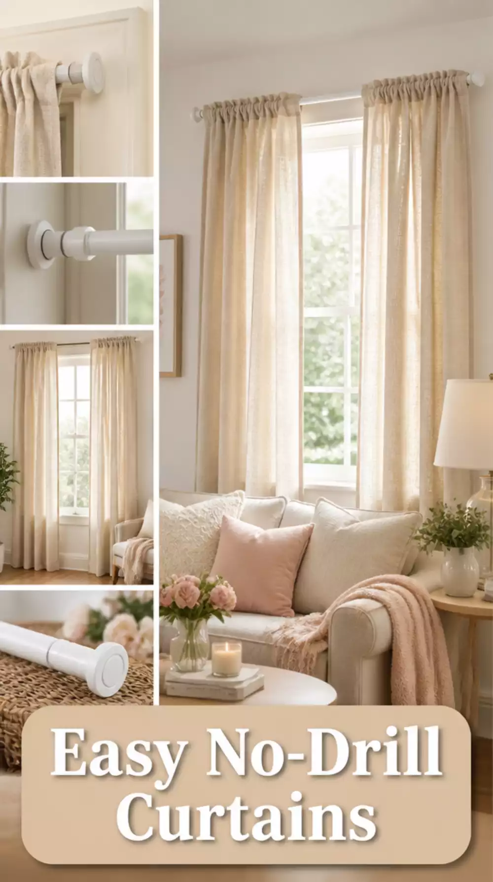 Living Room No-Drill Curtain Rod That Hangs Linen Panels Without Damage