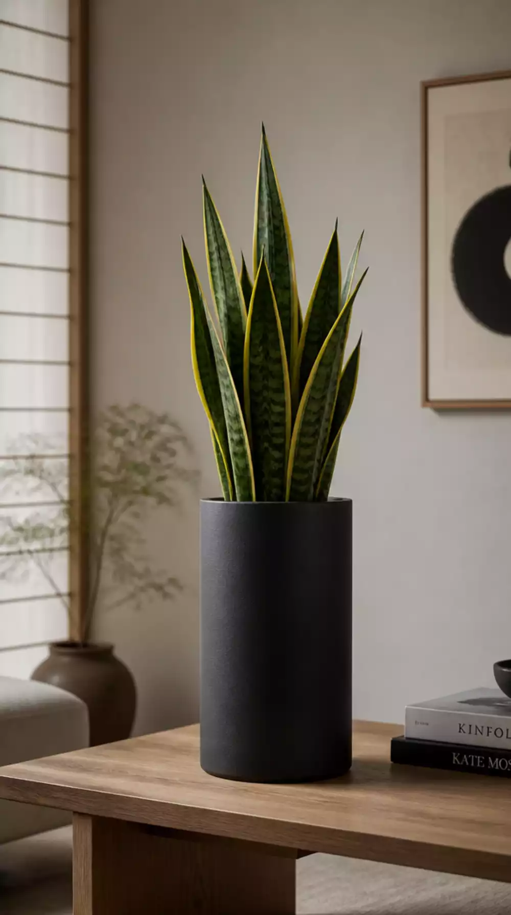 Living Room Snake Plant in a Tall Matte Black Ceramic Pot