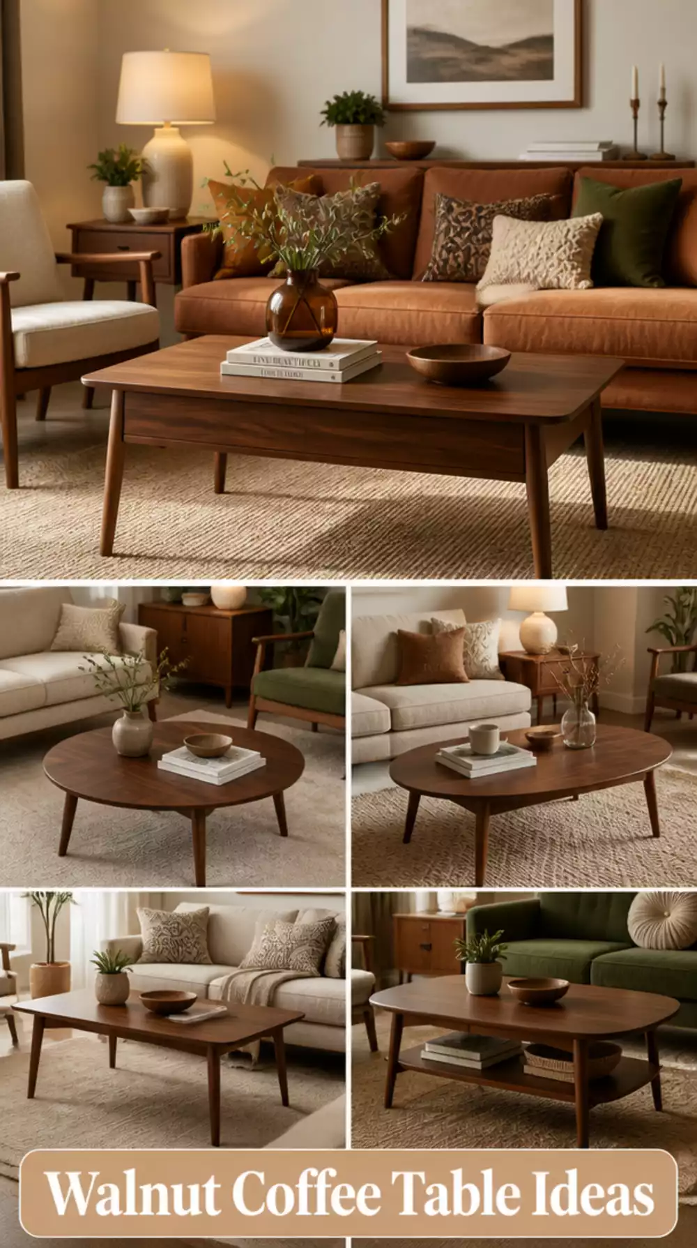 Walnut Wood Coffee Table with Tapered Legs in a Mid-Century Living Room