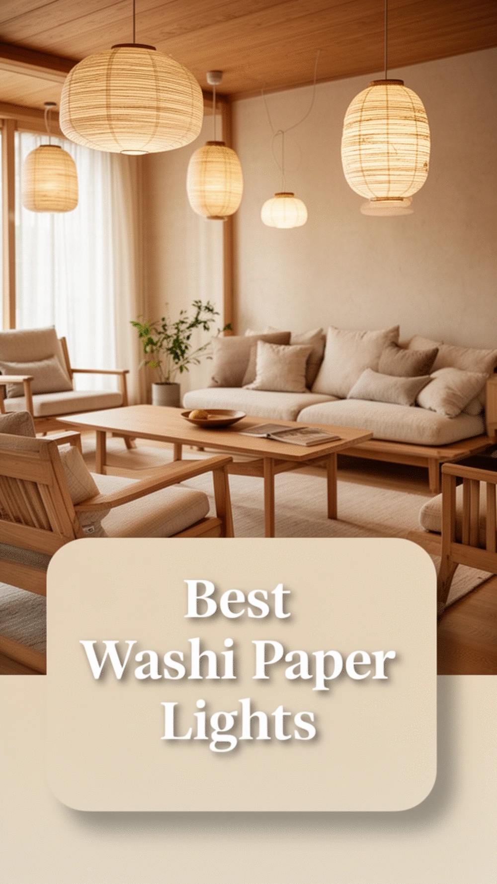 Living Room Washi Paper Pendant Light in a Warm Japandi Interior