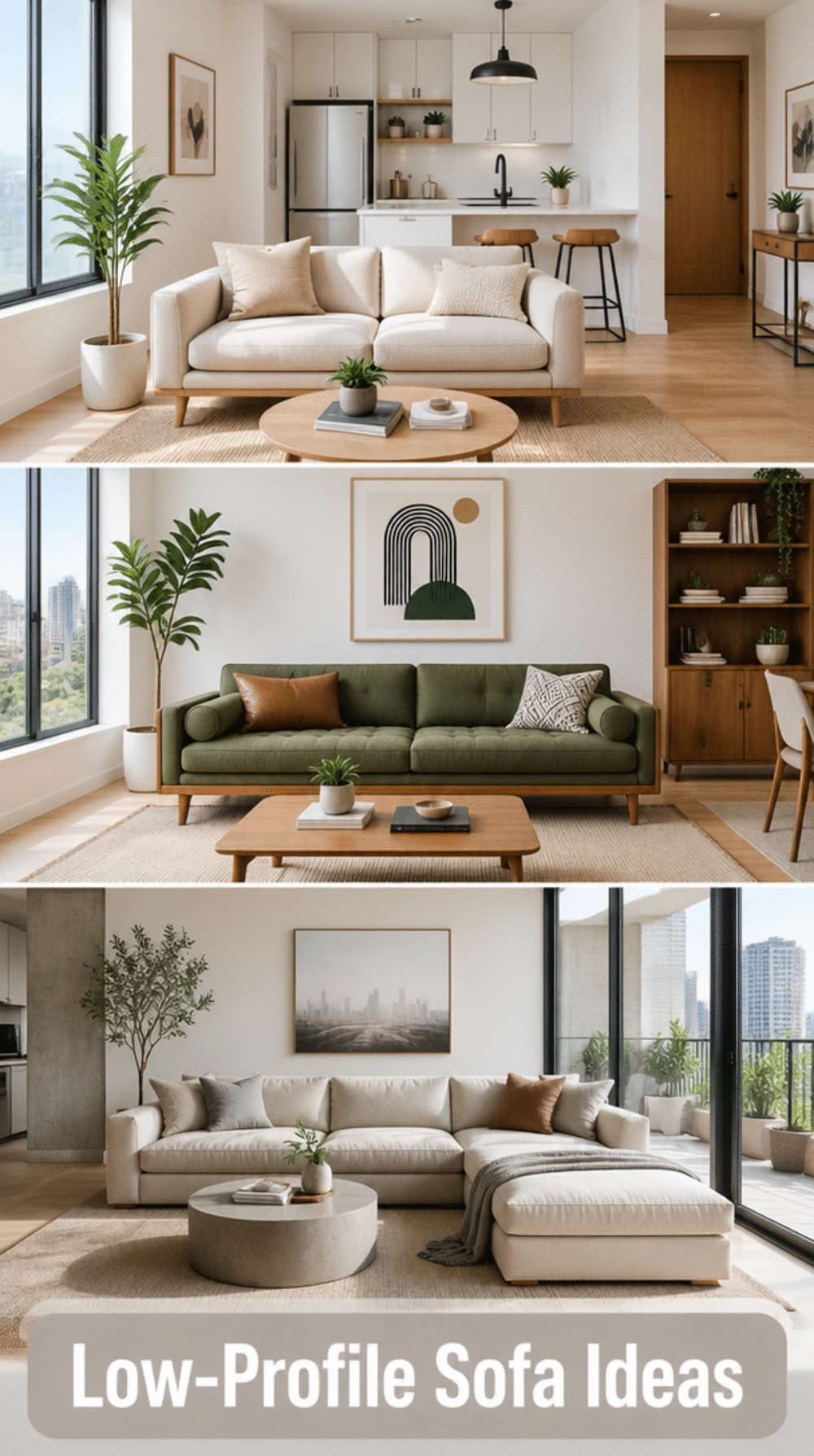 Living Room Low-Profile Sofa That Keeps Sightlines Open in a Studio