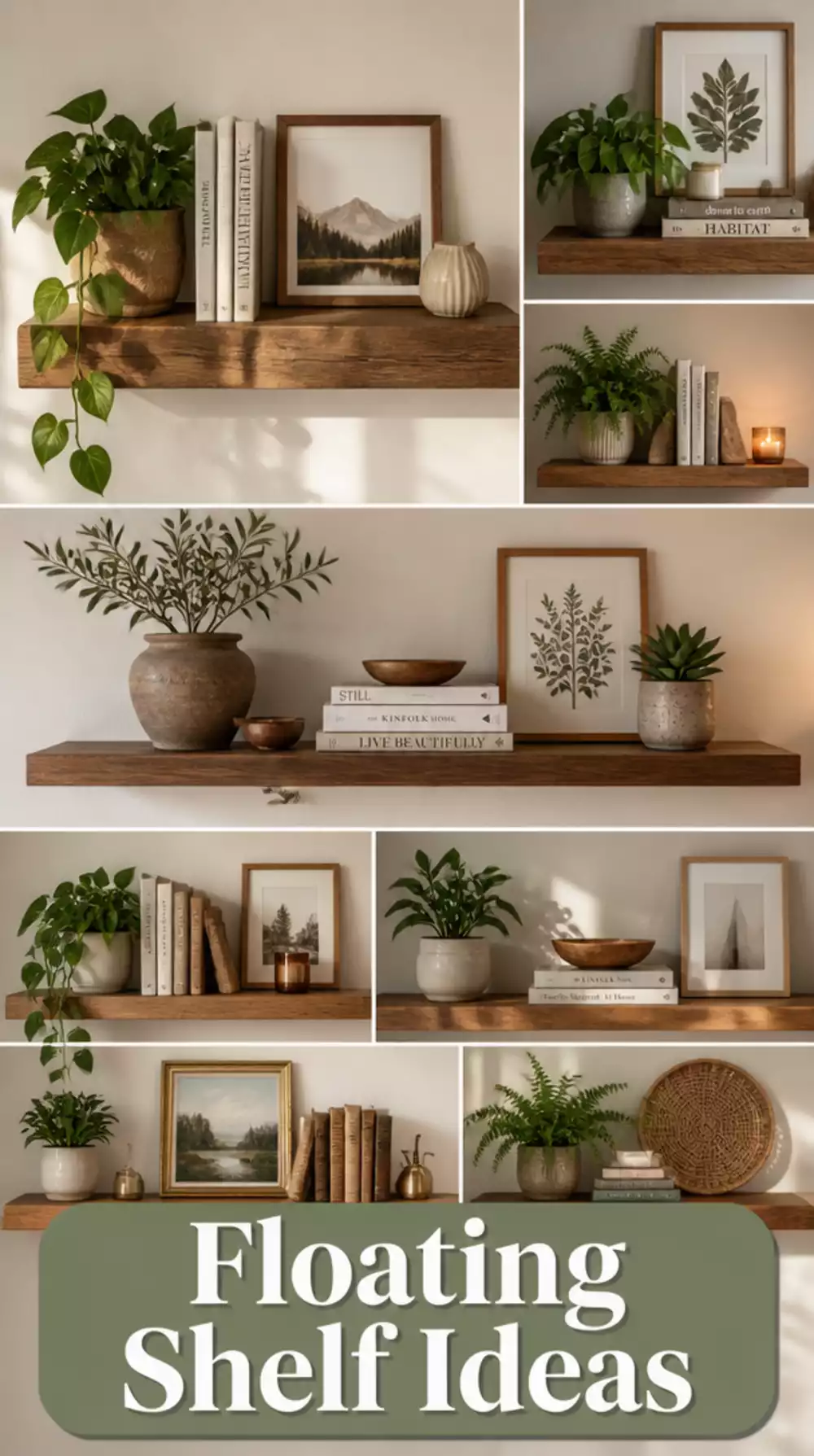 Warm Living Room Wooden Floating Shelf Styled with Plants and Books