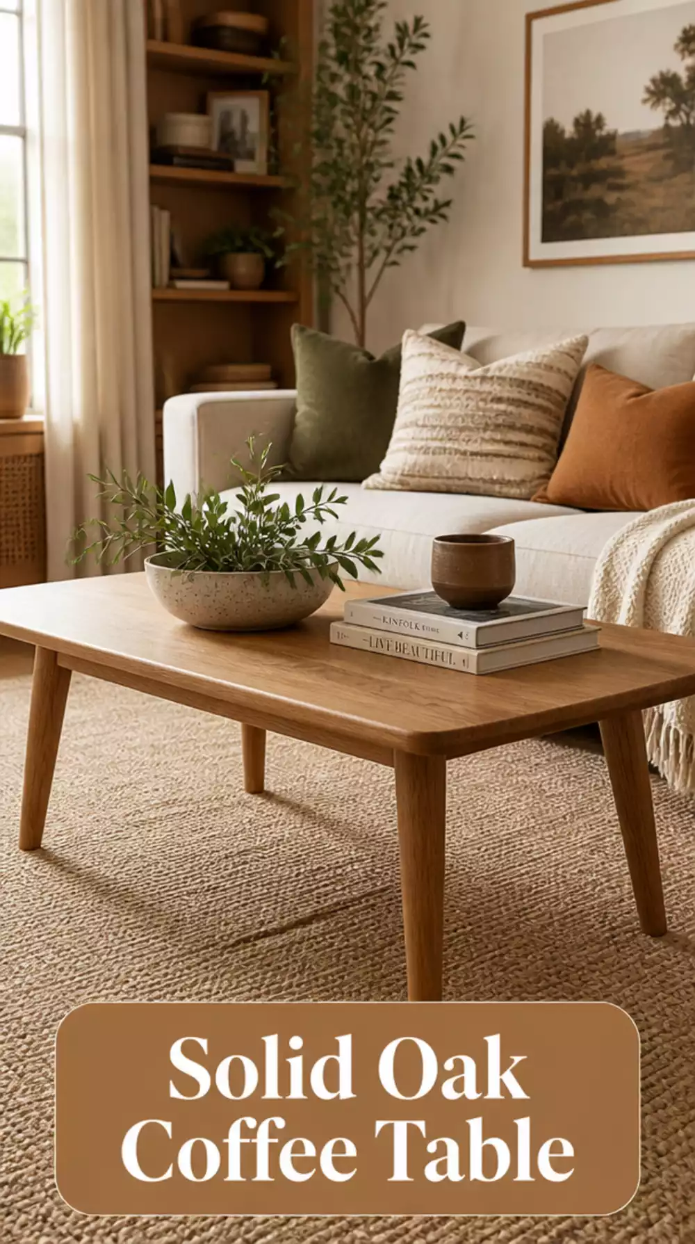 Solid Oak Living Room Coffee Table with Tapered Mid-Century Legs