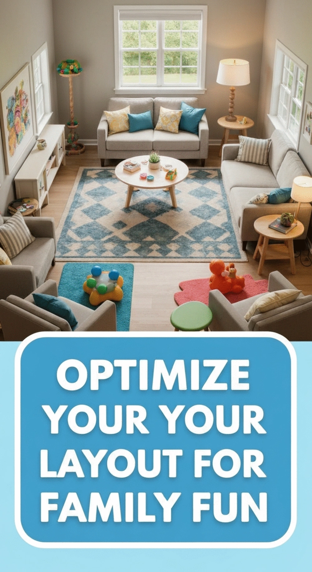 Family-friendly living room layout with comfortable seating and play areas