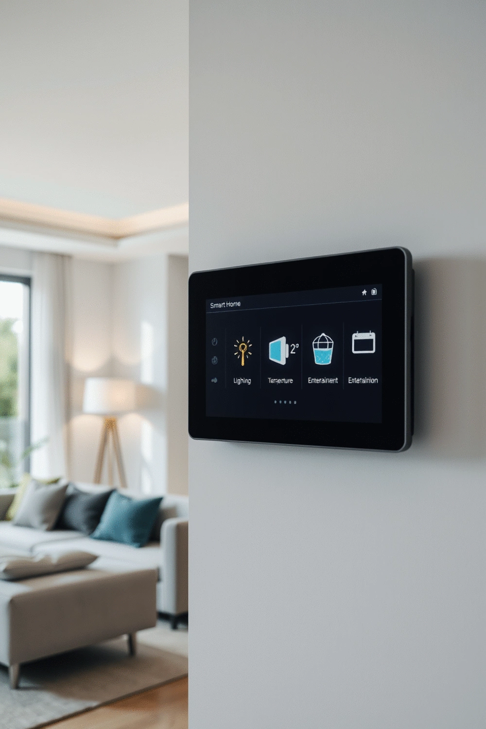 A sleek smart home control panel mounted on a wall, displaying icons for lighting, temperature, and entertainment, with a blurred modern living room in the background.