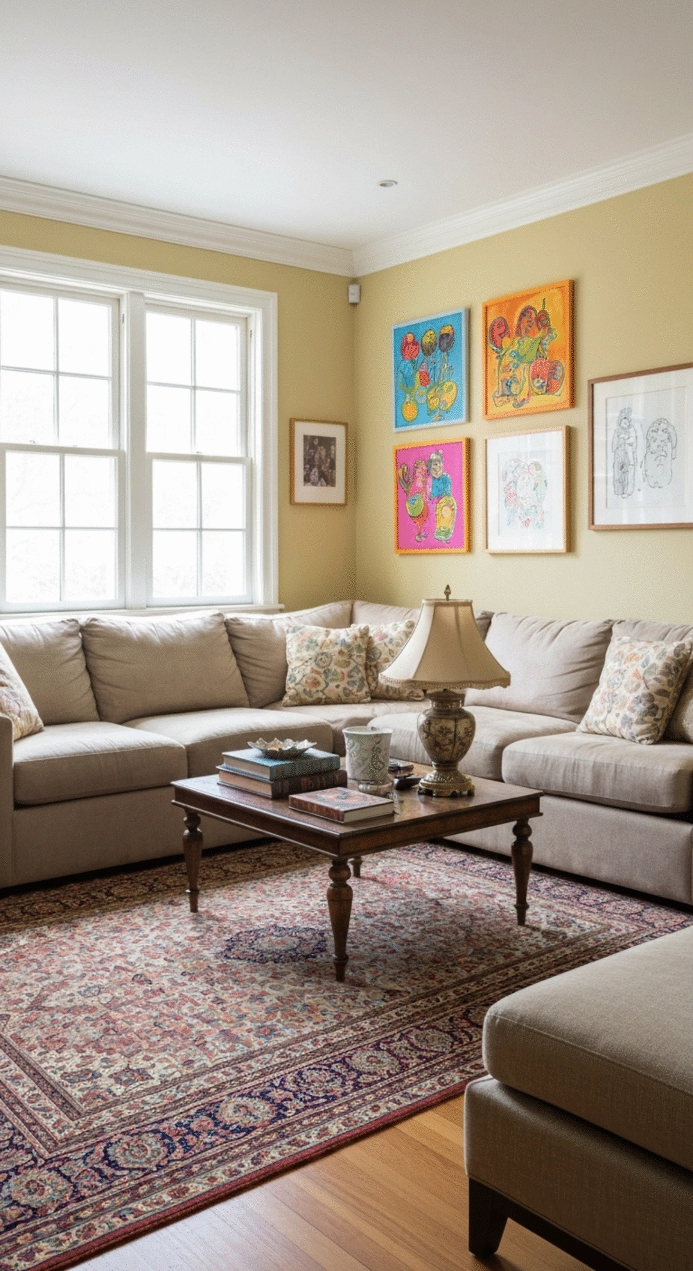A cozy living room adorned with family photos and colorful art, creating an inviting atmosphere