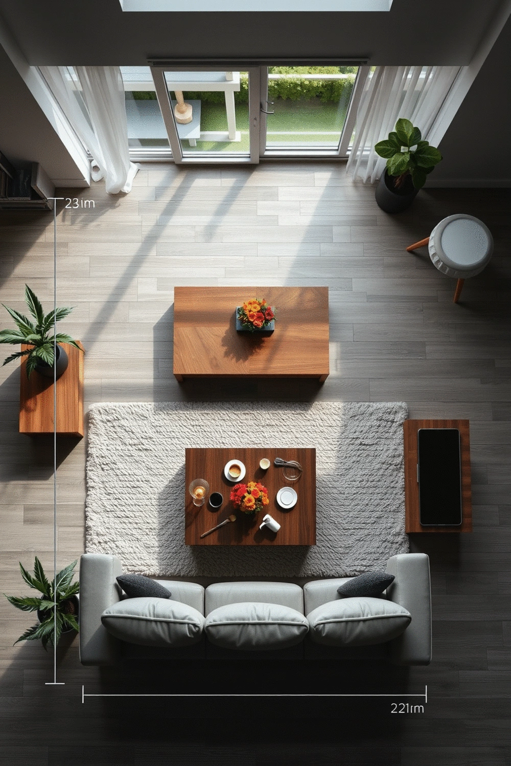 Stylized top-down view of a living room layout with a coffee table, sofa, and clear space measurements.