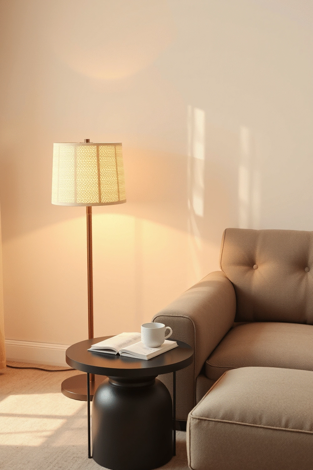 Stylized living room corner with a vintage lamp and a modern armchair