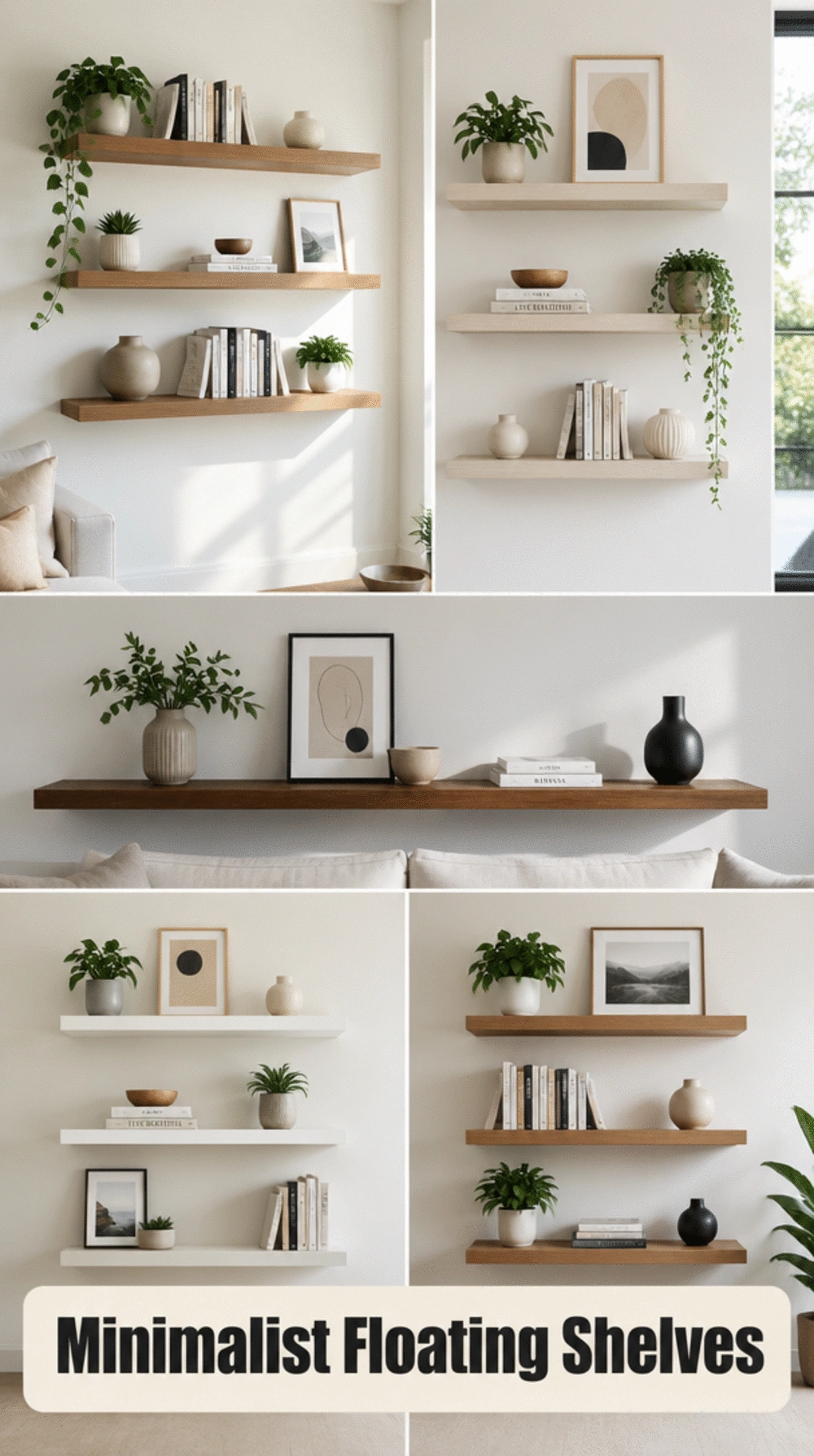 Minimal Living Room Floating Shelves with Sparse Curated Styling