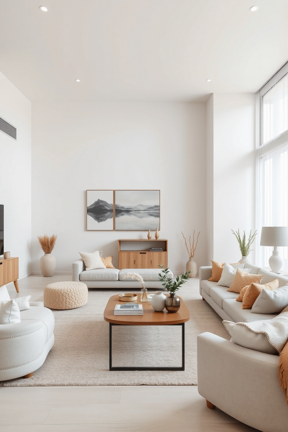 Interior of an open-concept living room showcasing a unified neutral color palette with subtle pops of color from decorative objects and soft textures