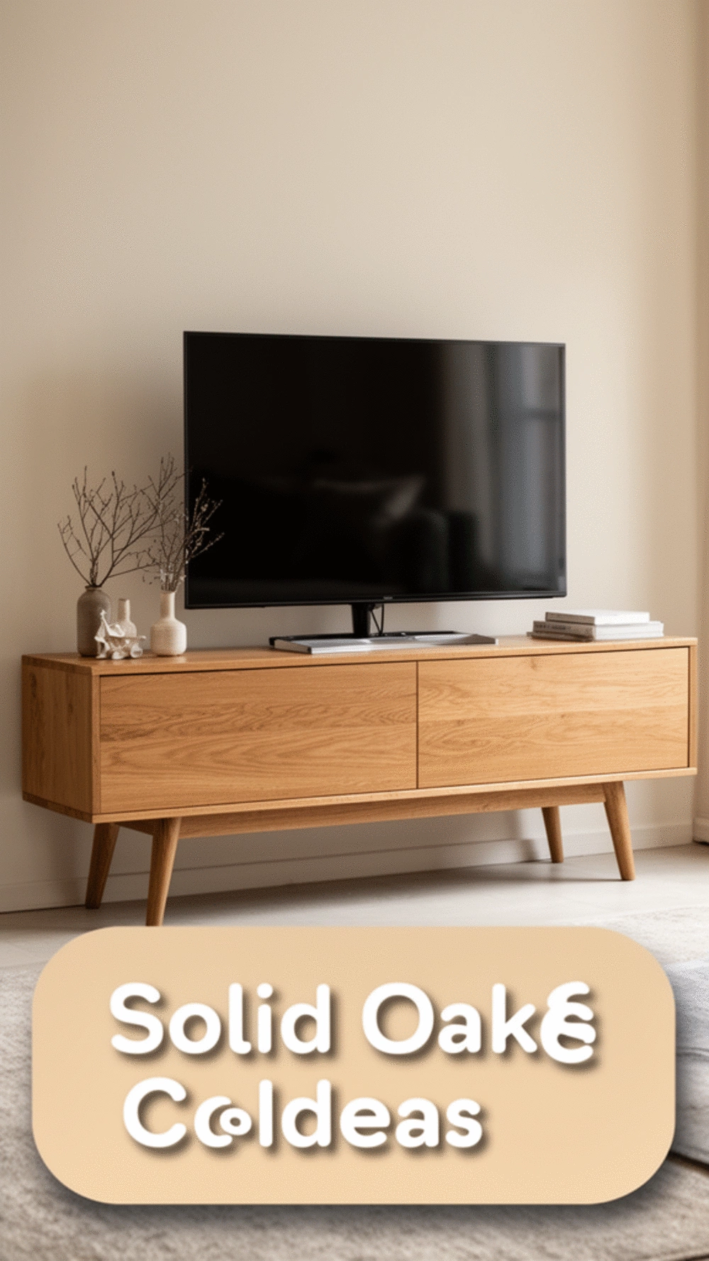 Solid Oak Living Room TV Console with Tapered Legs and Open Shelving
