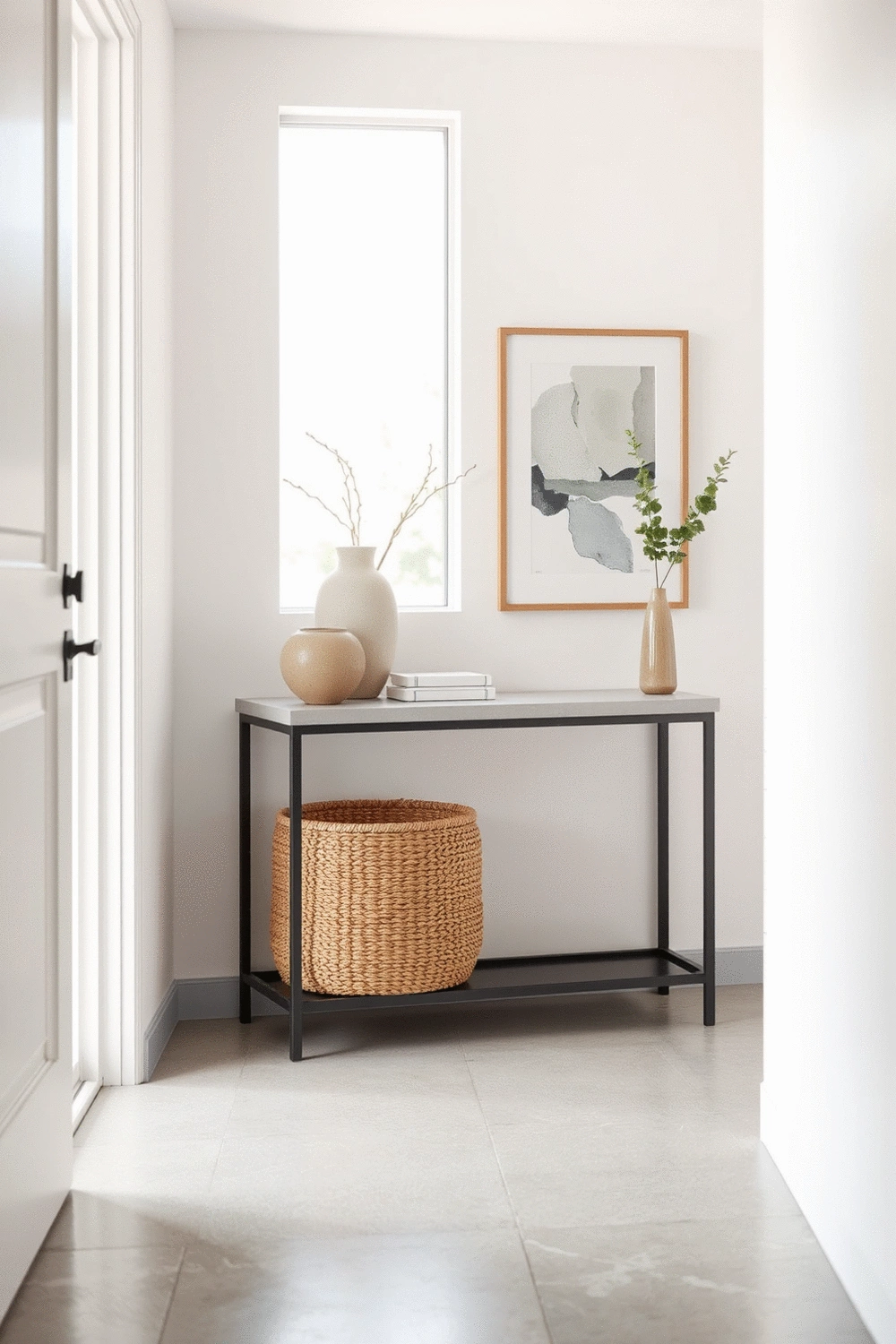 Modern entryway with console table, woven basket, and minimalist decor