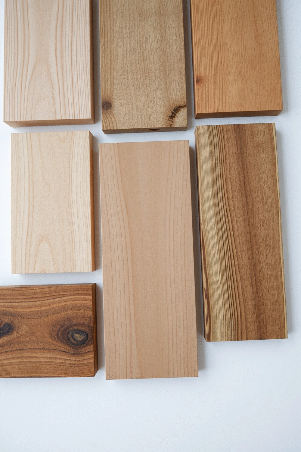 Arrangement of different wood samples and textures, including light maple, dark walnut, and birch, on a clean background.