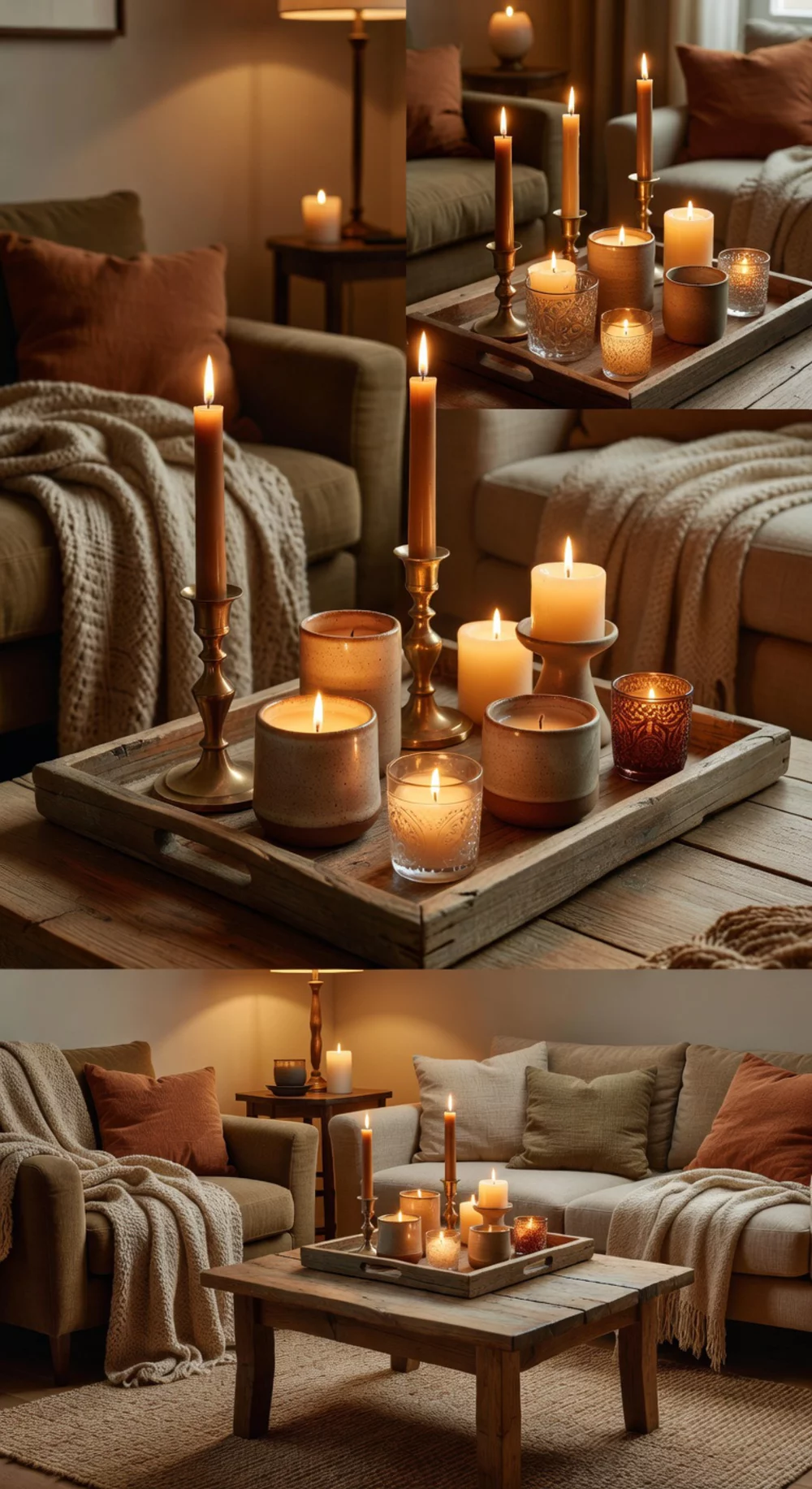Living Room Pillar Candle Set in Varying Heights on a Wooden Tray