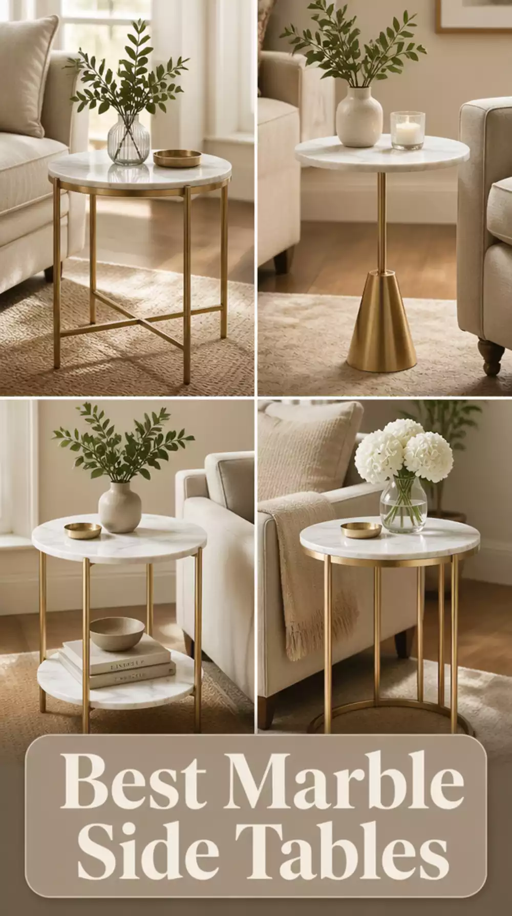 Marble-Top Living Room Side Table with a Slim Brushed Brass Leg