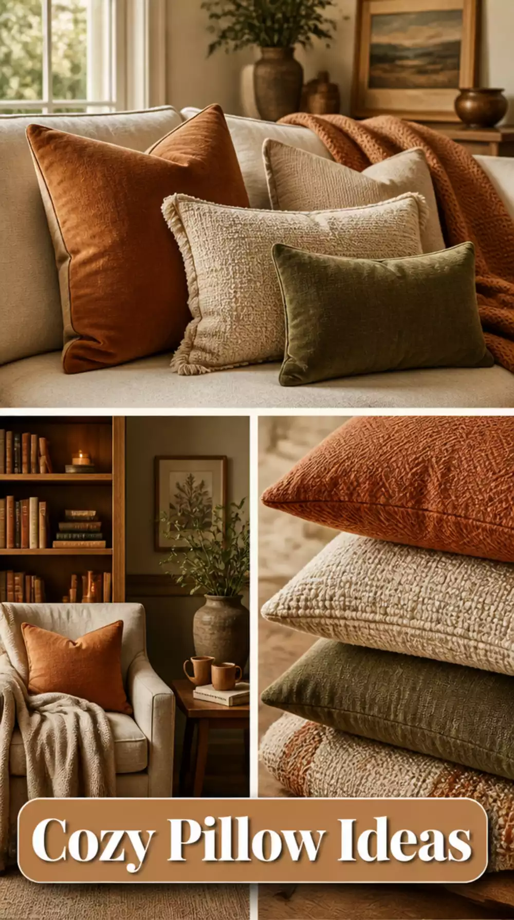 Layered Throw Pillows in Earthy Tones on a Couch