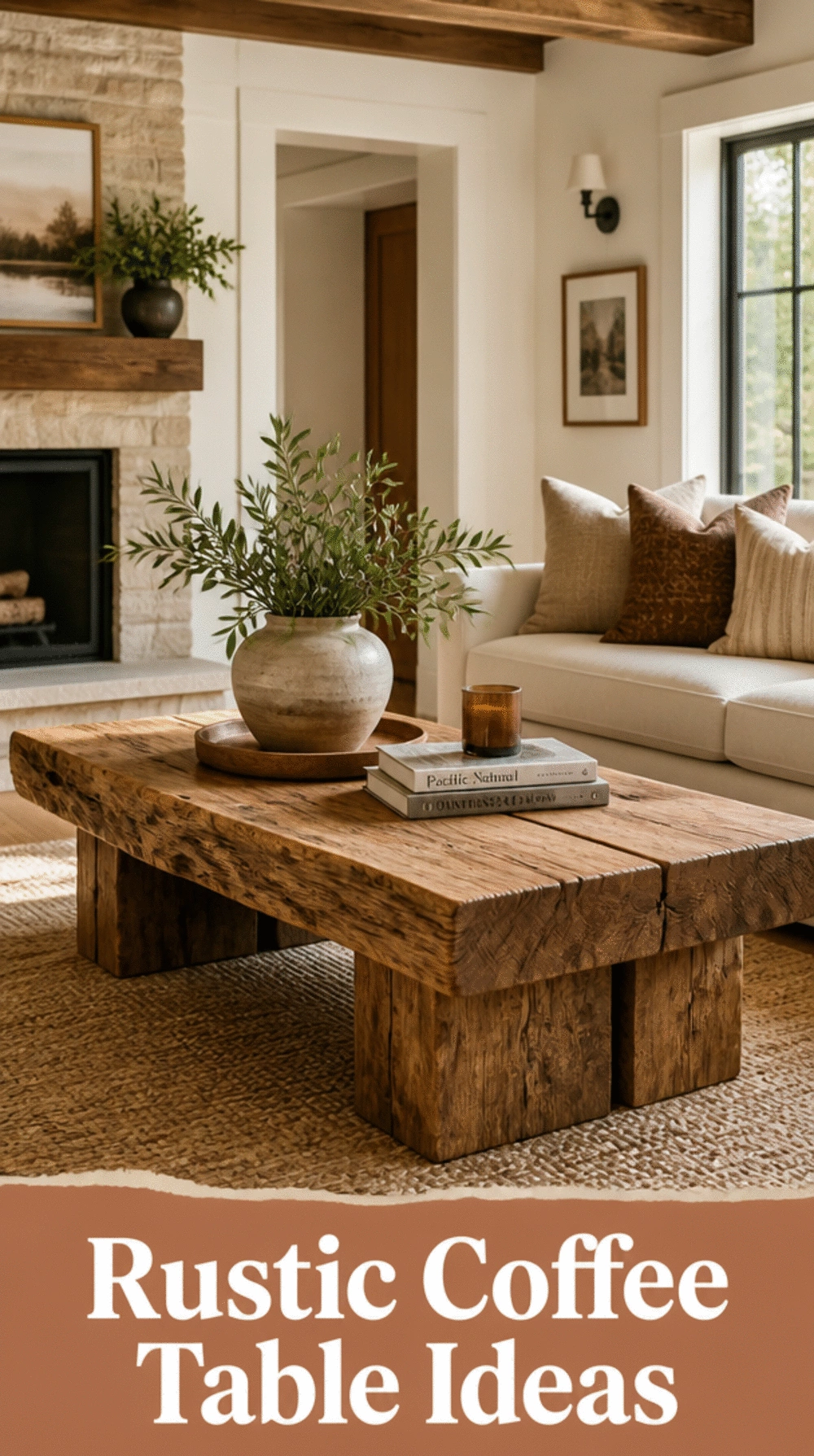 Living Room Rustic Wood Beam Coffee Table with a Raw Edge Finish