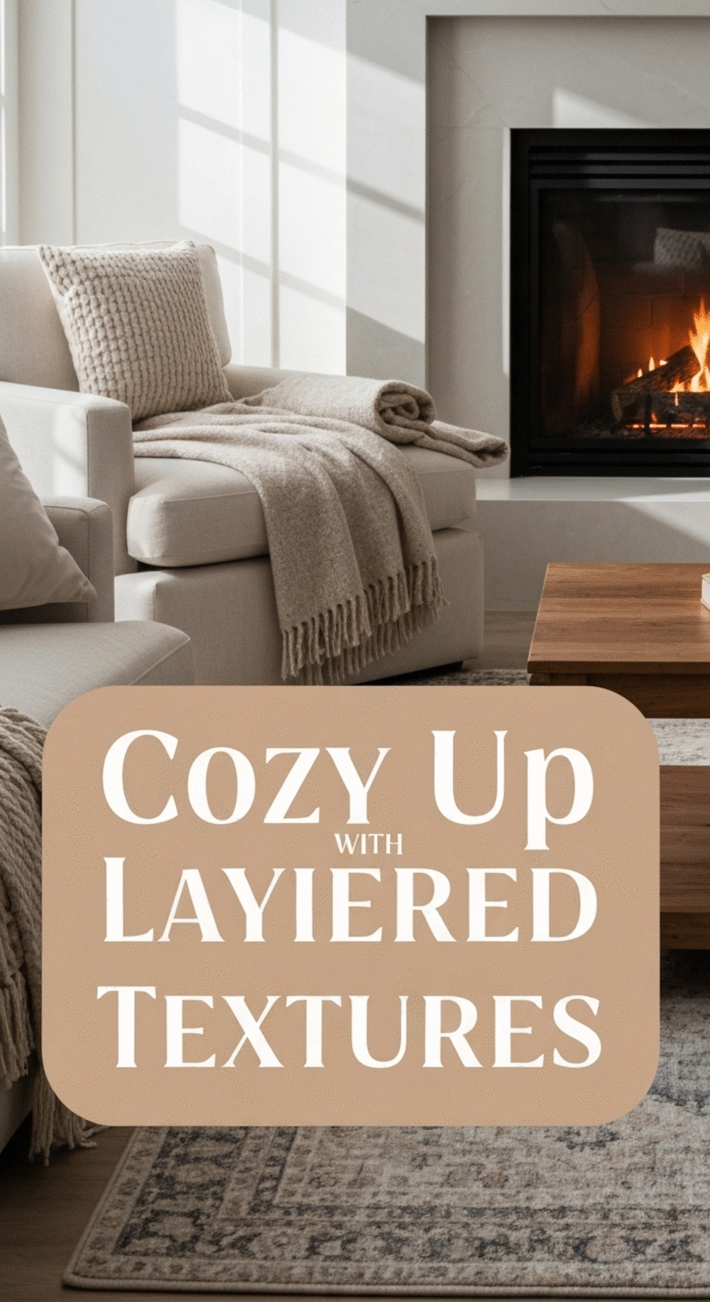 A cozy fireplace area decorated with layered textures like soft blankets and pillows