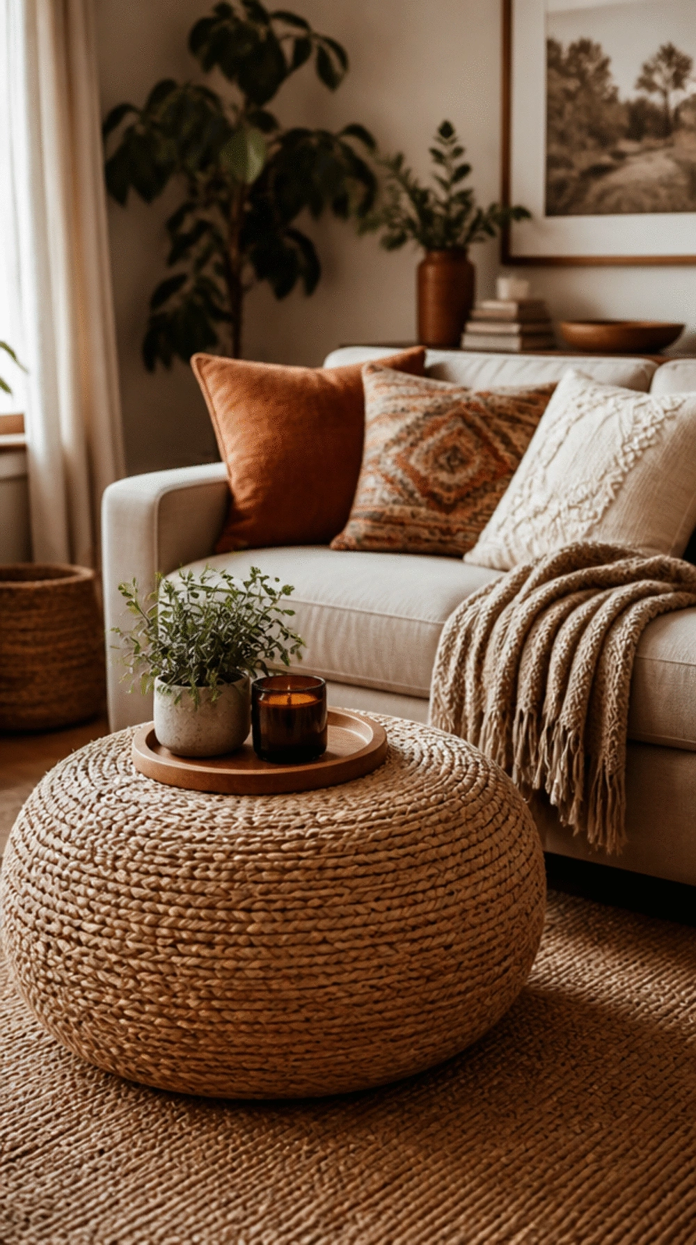 Boho Living Room Woven Pouf Ottoman as a Flexible Extra Seat