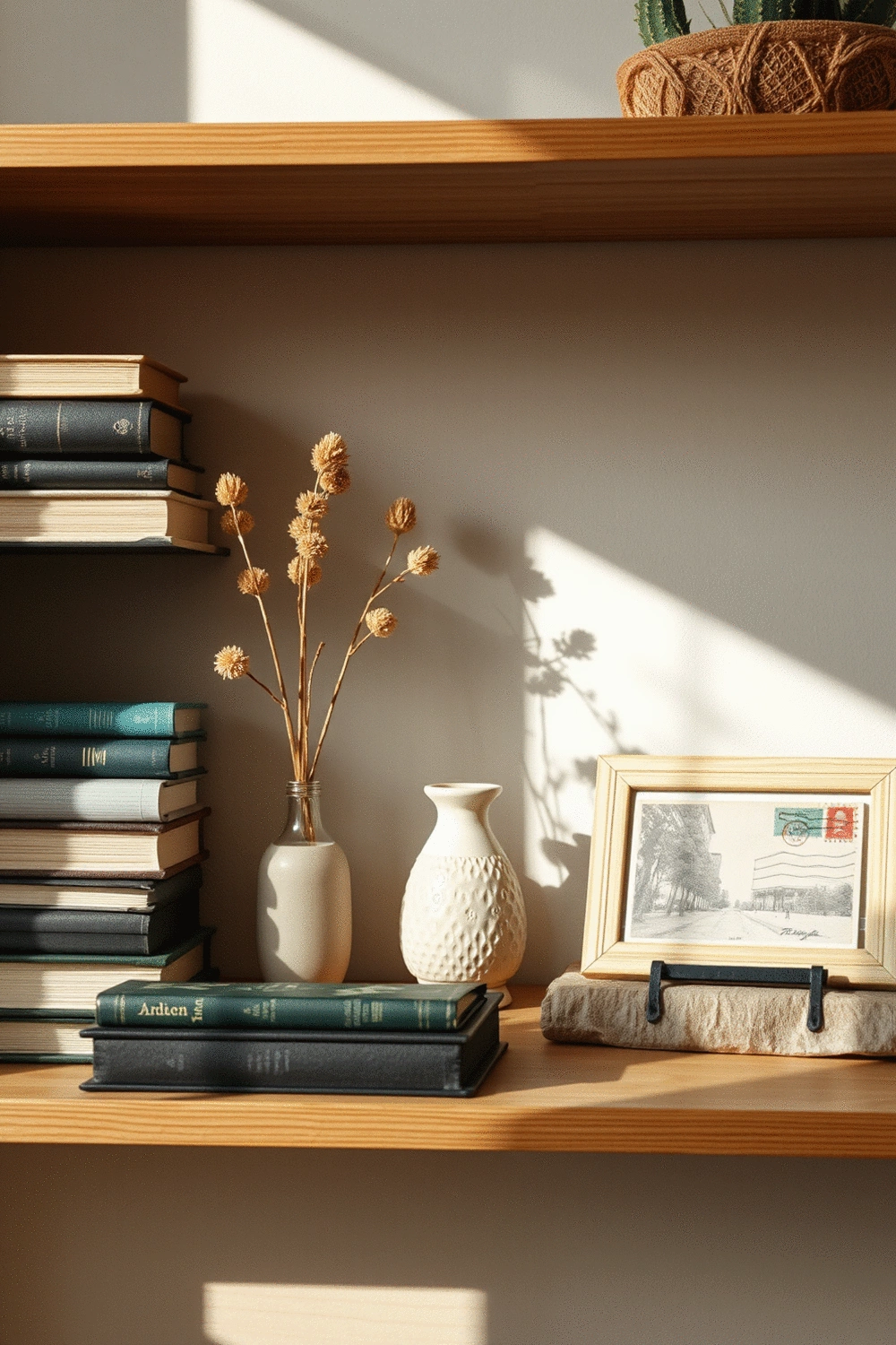 A collection of thoughtfully arranged personal items on a wooden shelf, including stacked books, a small ceramic vase with dried flowers, and a framed vintage postcard, all bathed in soft natural light.