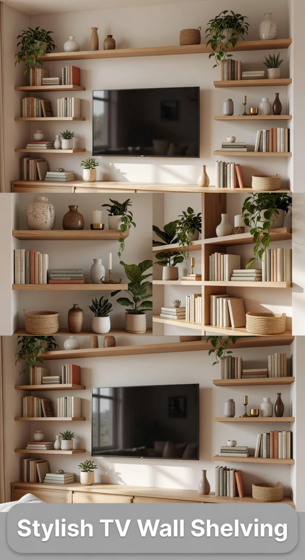 Built-In Living Room Shelving Flanking a Wall-Mounted Flat Screen