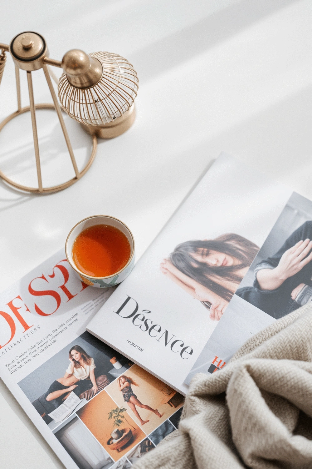 A beautifully arranged flat-lay of design magazines, a warm cup of tea, and a small decorative lamp, symbolizing inspiration and cozy living.