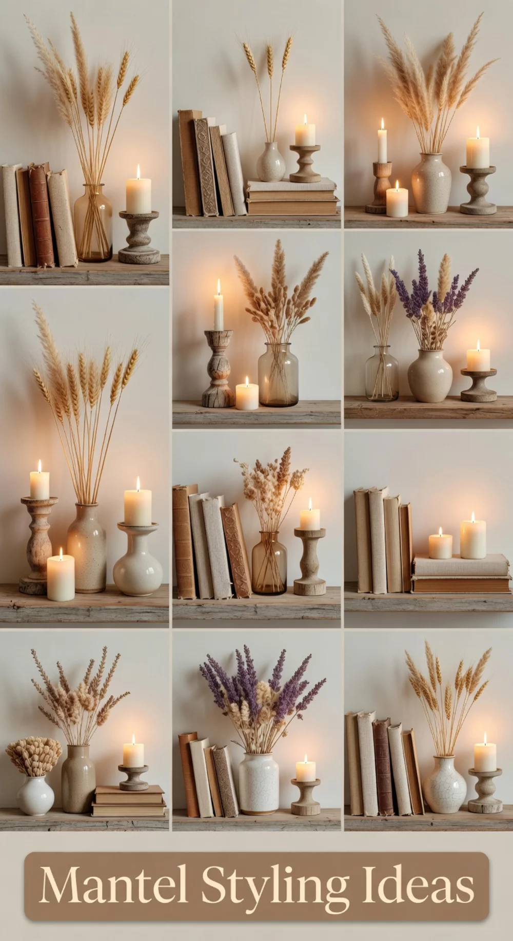 Farmhouse Fireplace Mantel Shelf Styled with Candles and Dried Stems