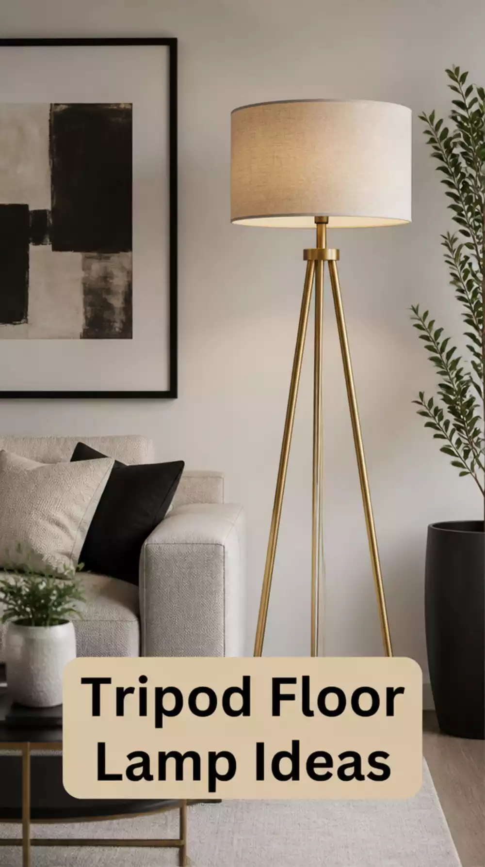 Living Room Tripod Floor Lamp in Brushed Brass with a Linen Drum Shade