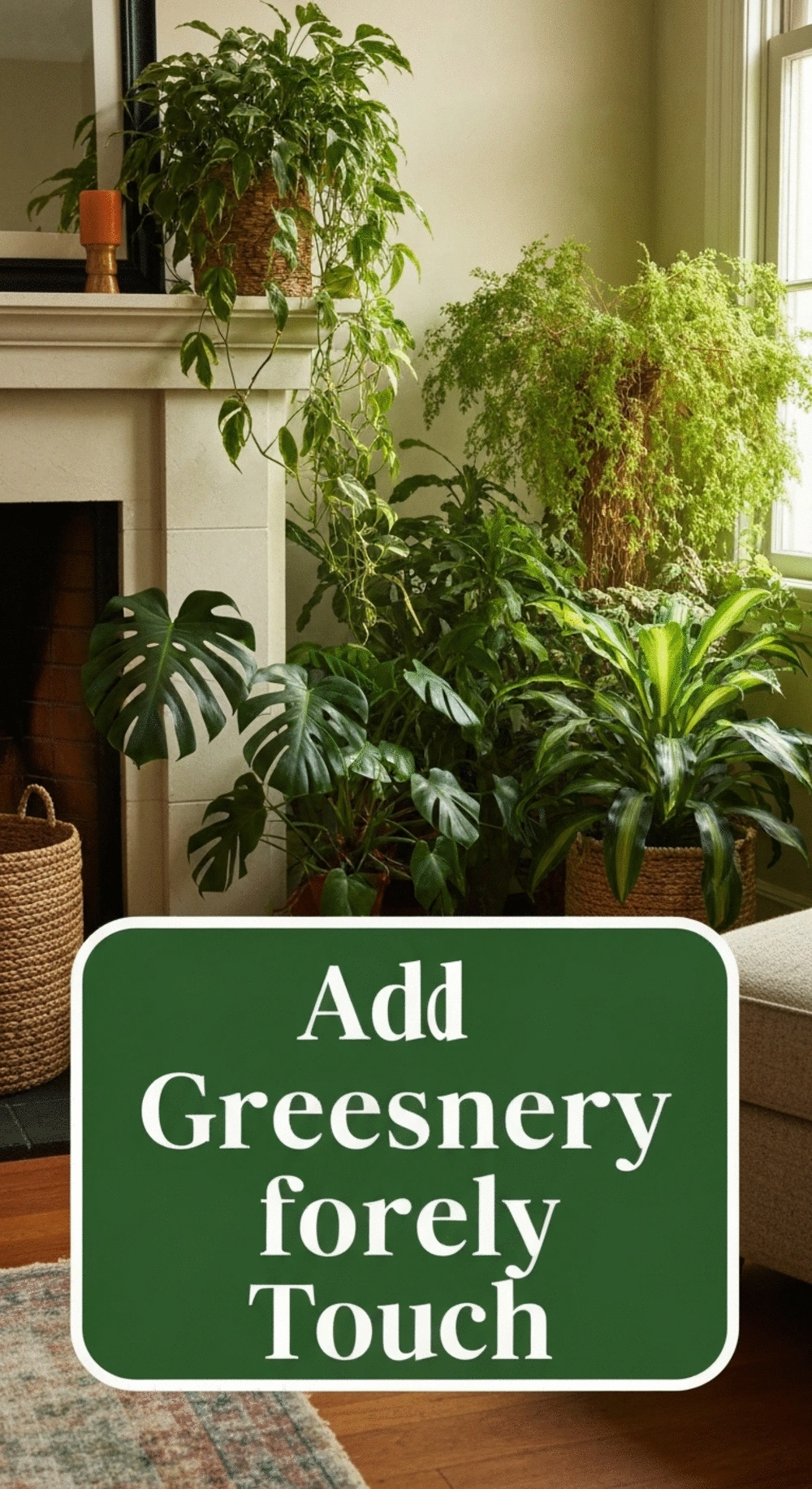 Beautifully arranged indoor plants around a cozy fireplace, enhancing warmth and liveliness