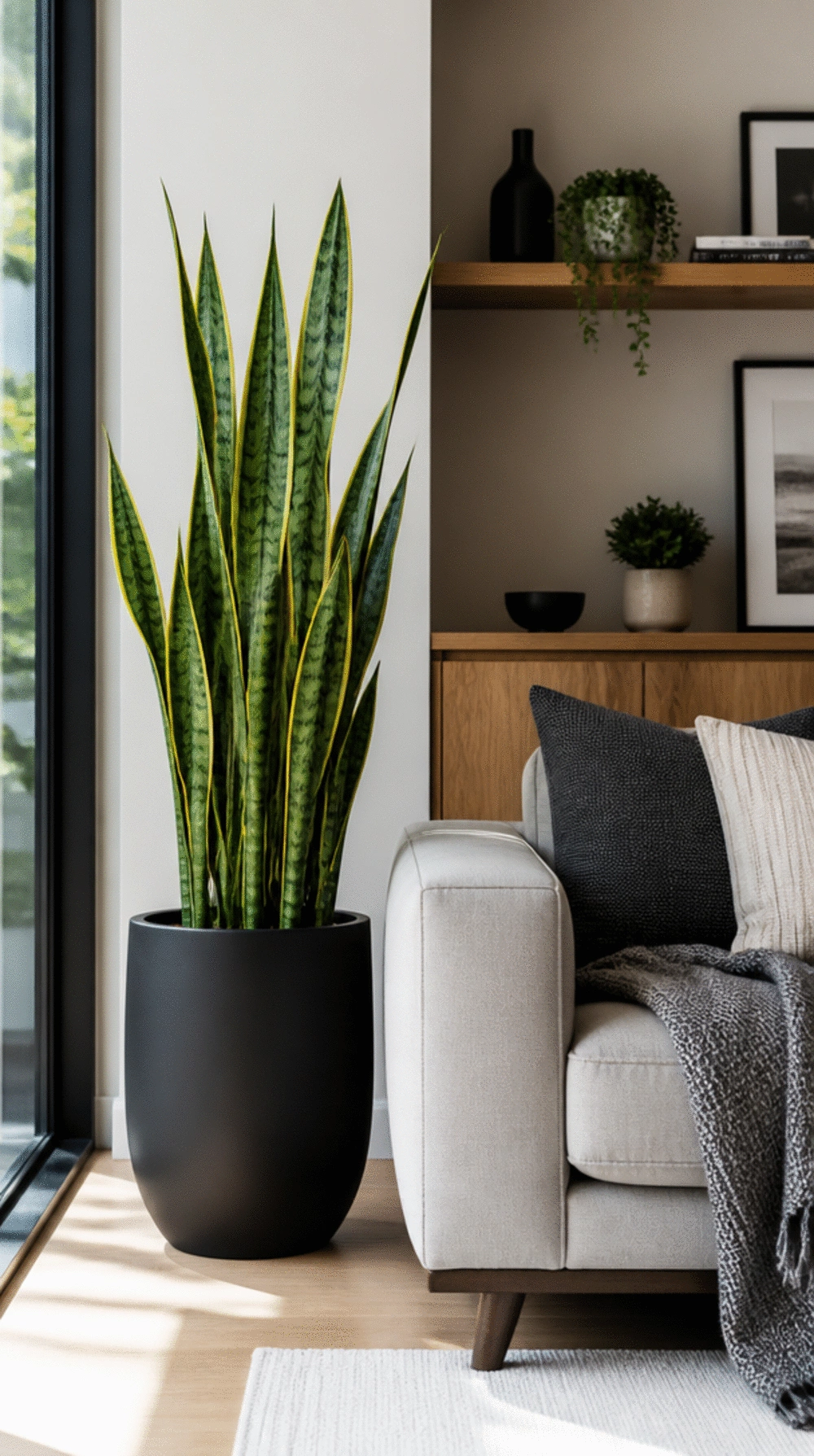 Living Room Snake Plant in a Matte Black Ceramic Pot as a Floor Accent