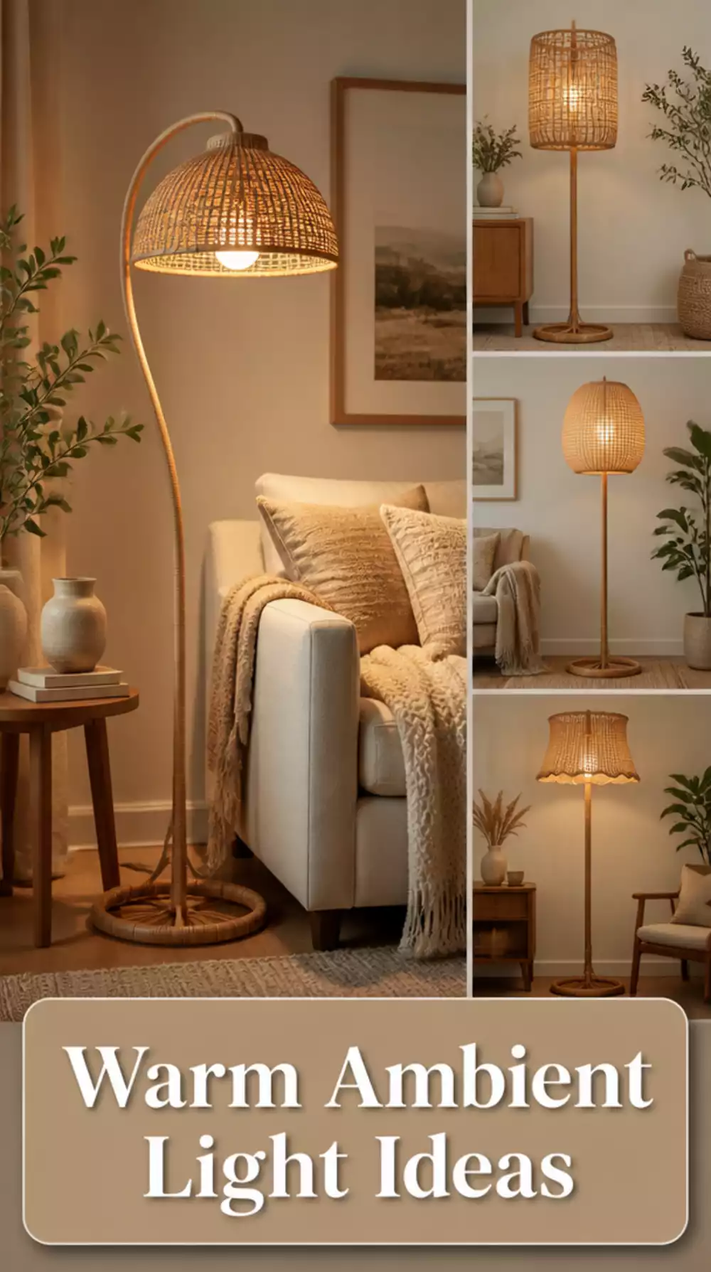 Living Room Rattan Floor Lamp with a Woven Shade for Warm Ambient Light