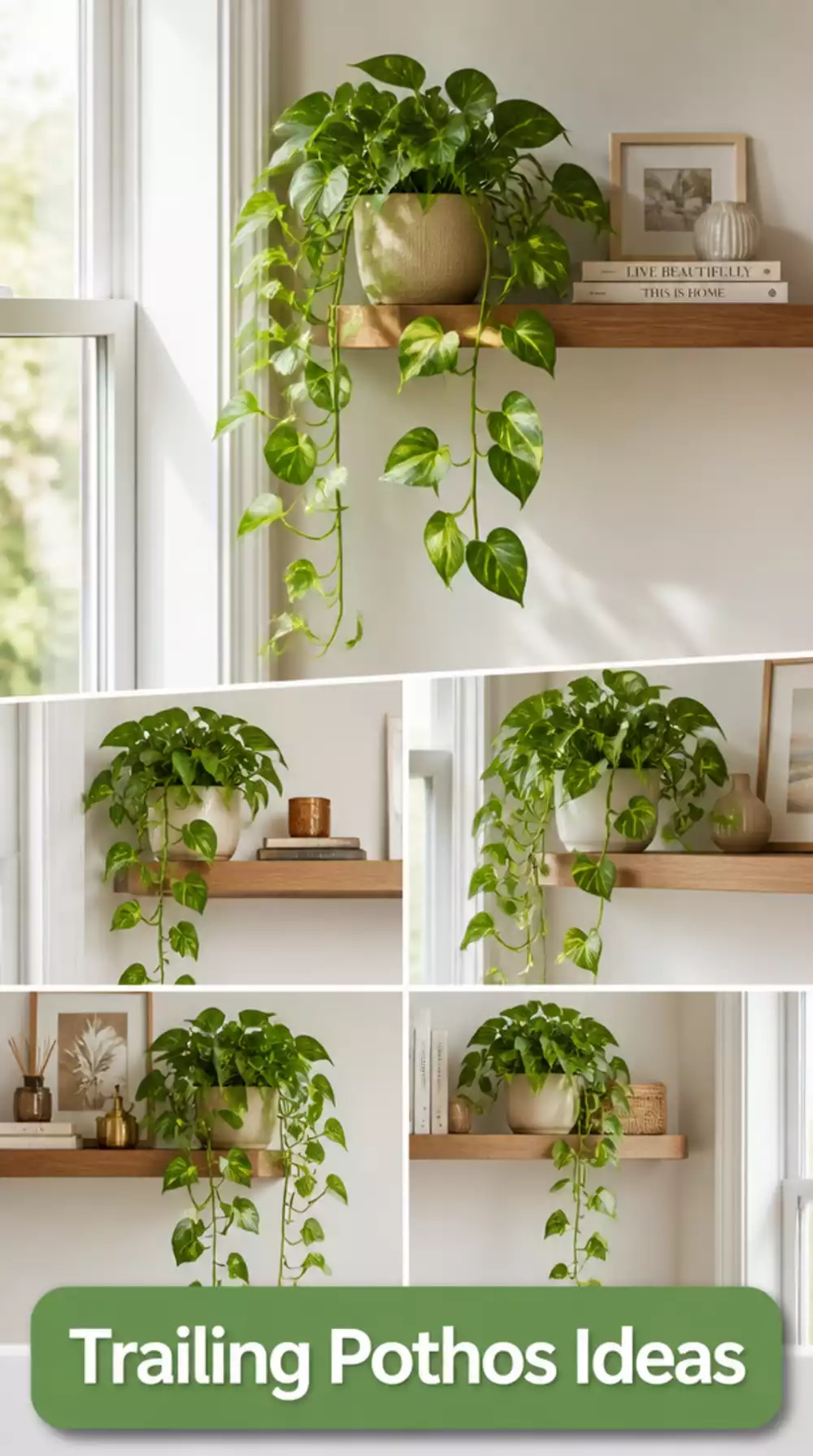 Living Room Trailing Pothos on a Wooden Floating Shelf Near a Window