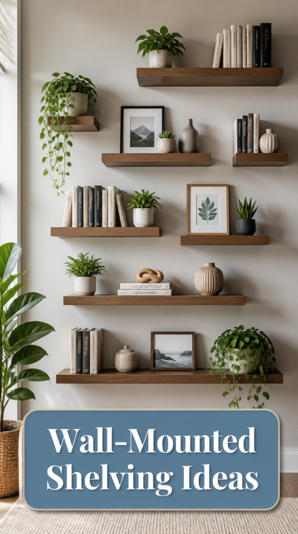 Living Room Wall-Mounted Shelving Unit with a Mix of Open and Closed Storage