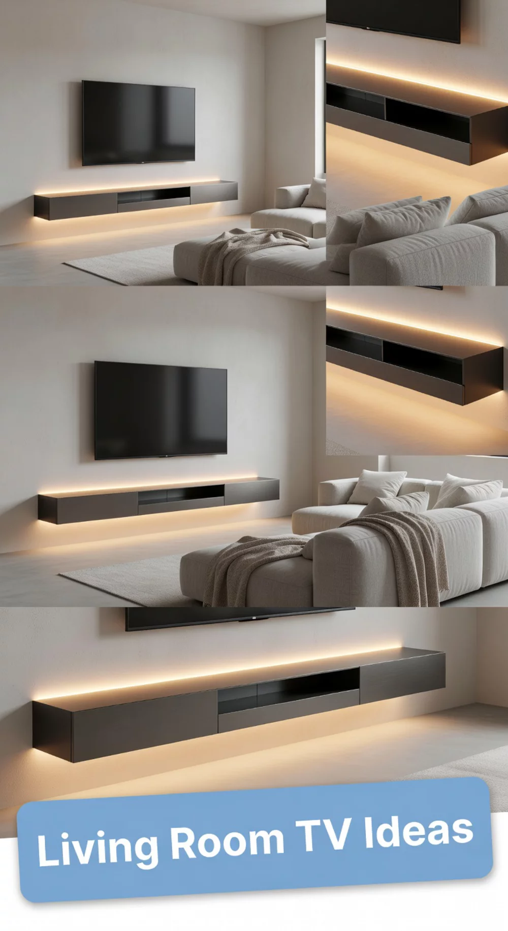 Living Room TV Wall with Floating Media Console and LED Underlighting