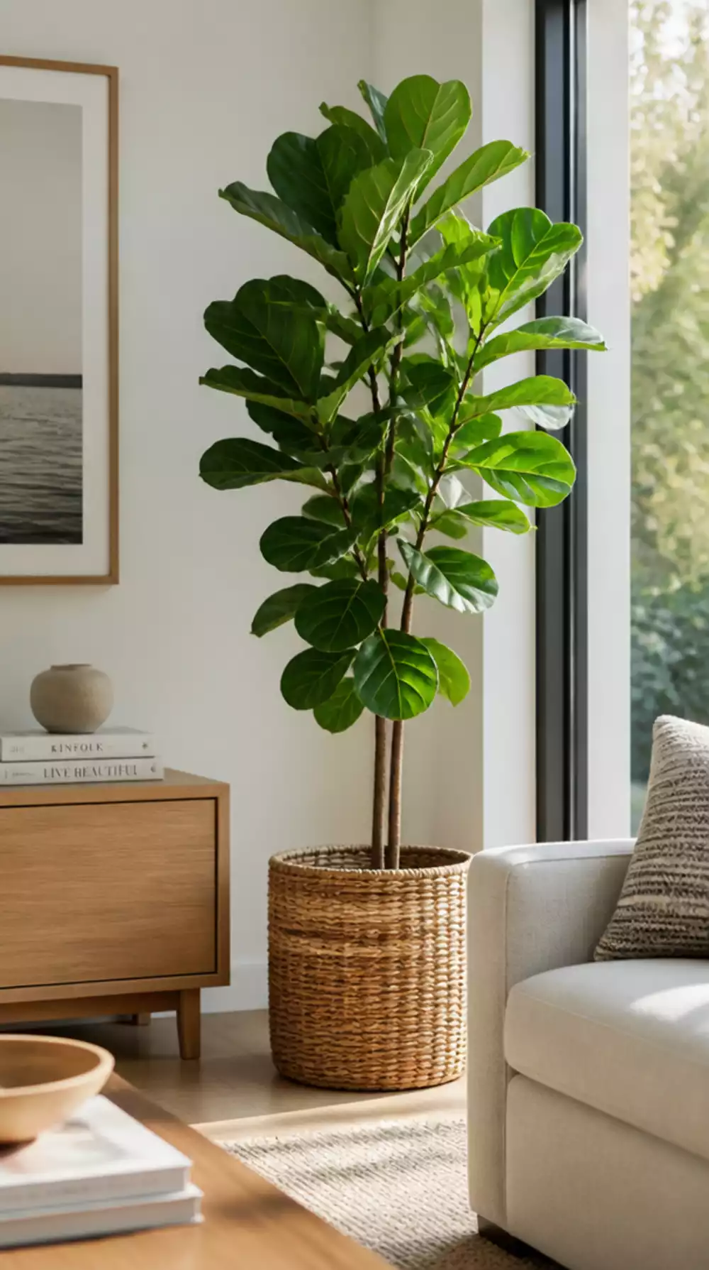 Japandi Living Room Fiddle Leaf Fig Tree in a Woven Rattan Planter