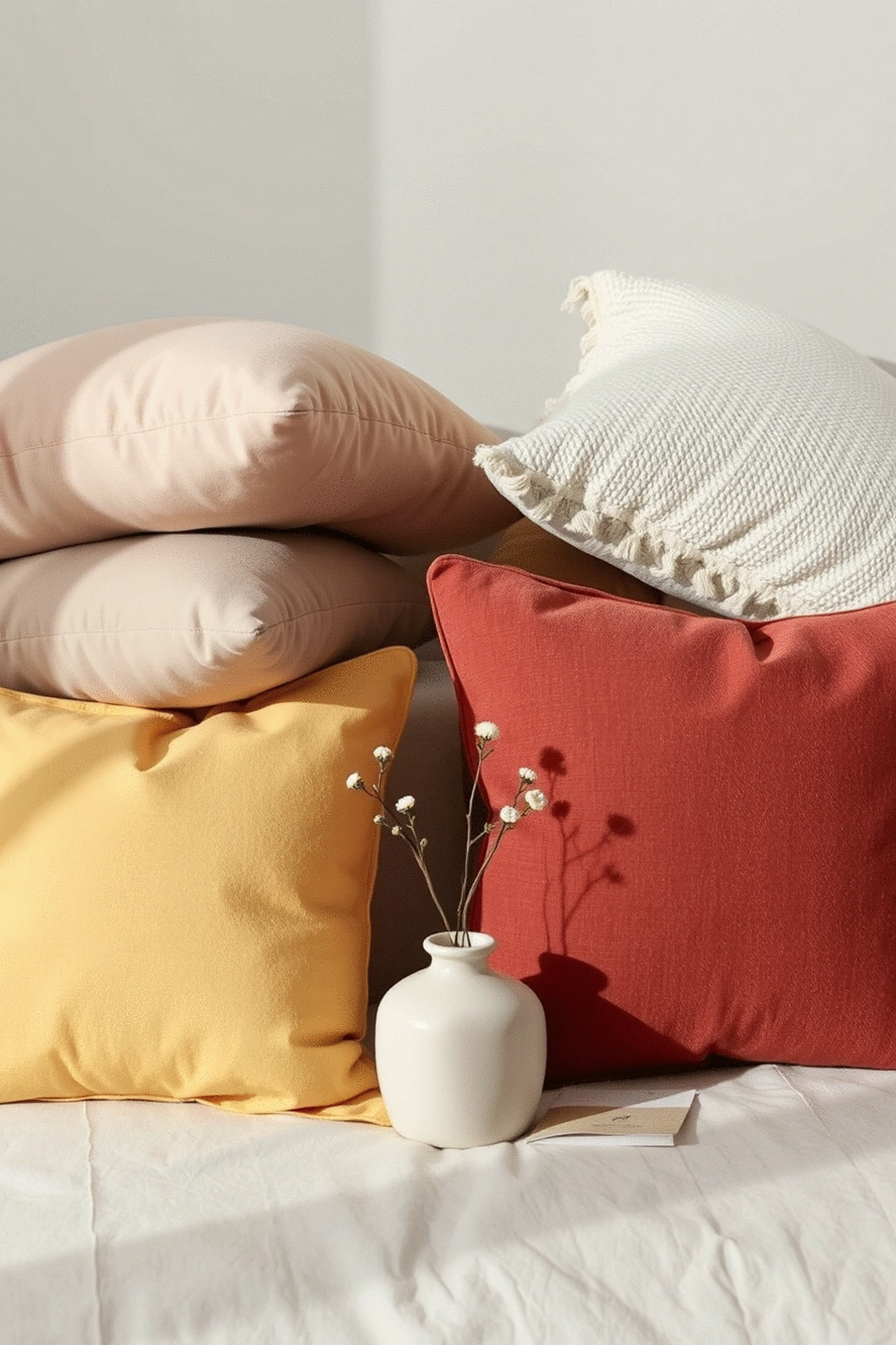 An arrangement of decorative pillows in varying textures and subtle colors, alongside a small ceramic vase and a paint swatch, demonstrating small decor adjustments.
