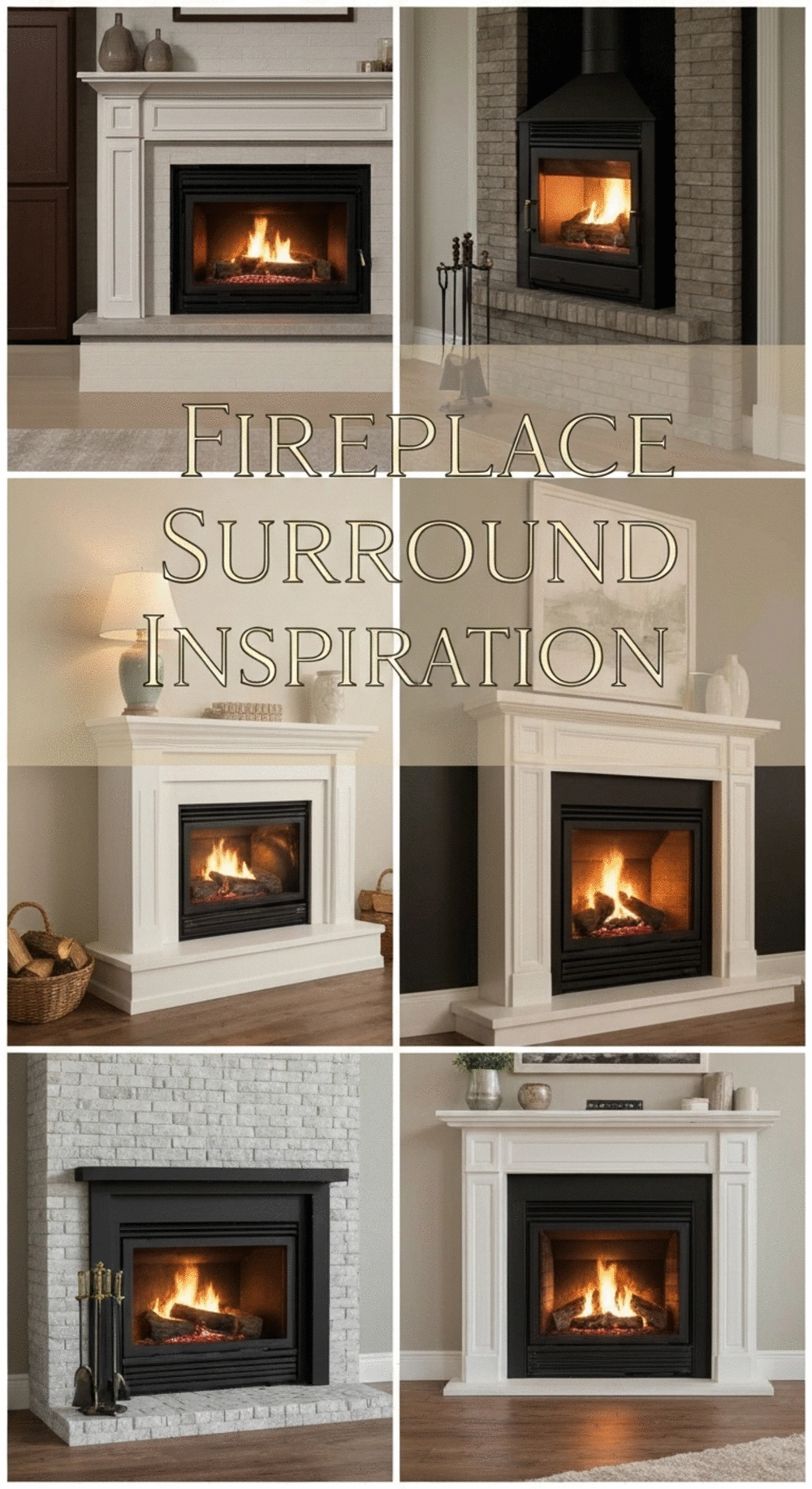 Various stylish fireplace surrounds showcasing modern and classic designs