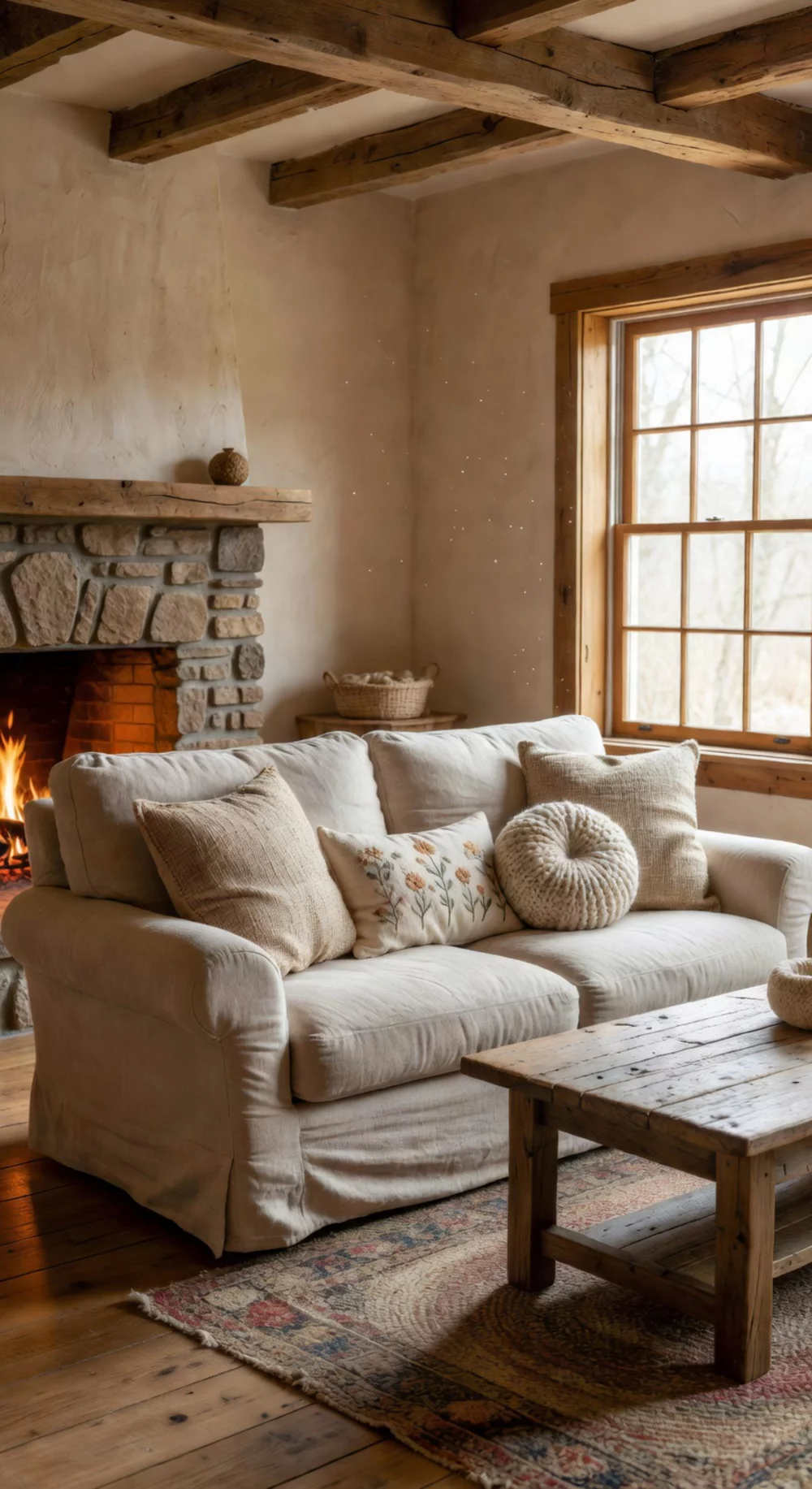 Farmhouse Living Room Cotton Slipcover Sofa in a Soft Natural Tone