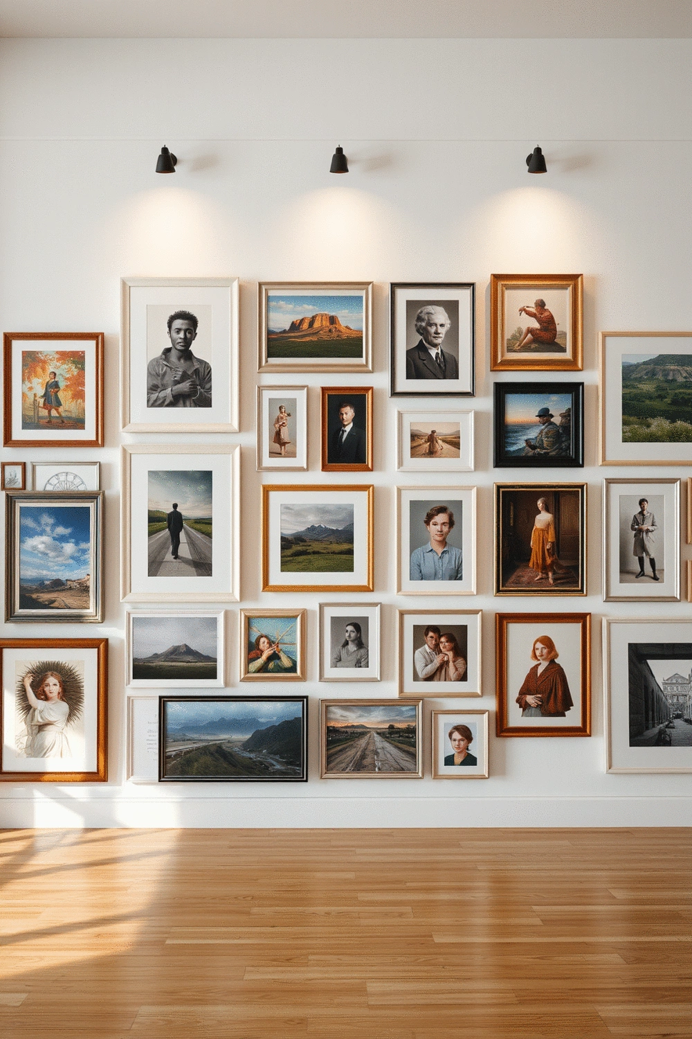 A collection of diverse art pieces arranged as a gallery wall, showcasing various styles and frames, with some pieces appearing to be recently rotated or newly added, creating a dynamic and evolving display.
